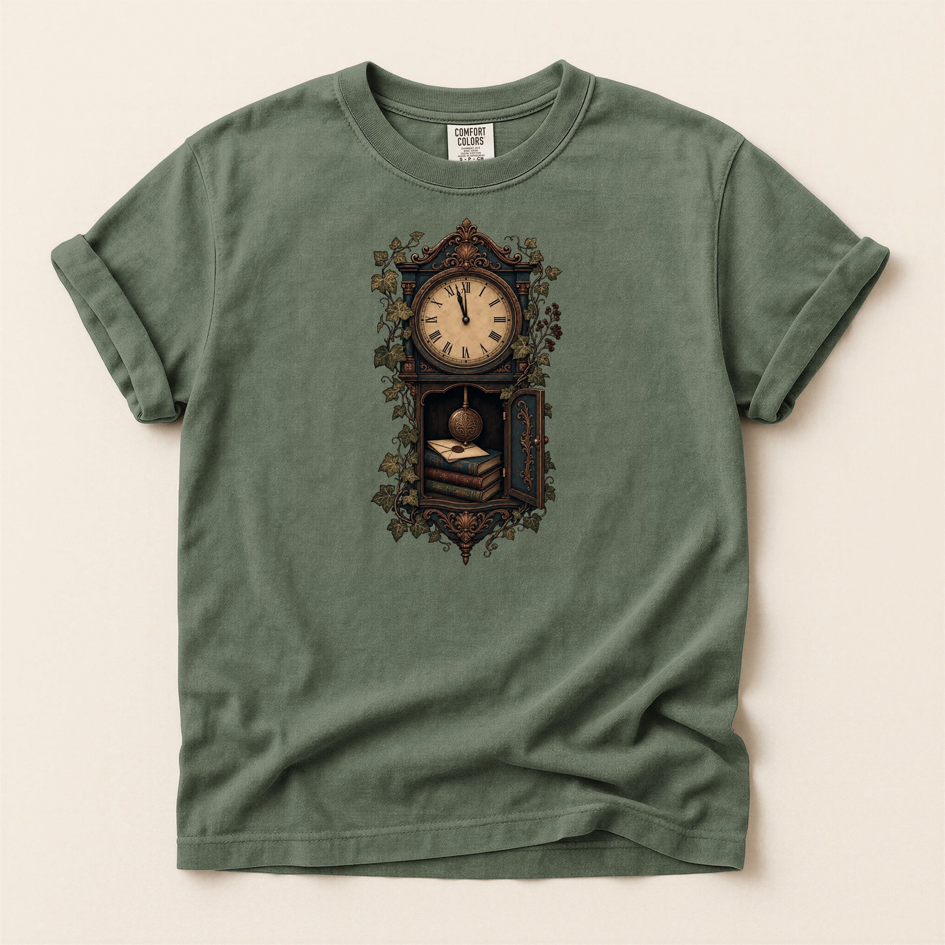 The Reading Hour bookish tee in Moss, full flat