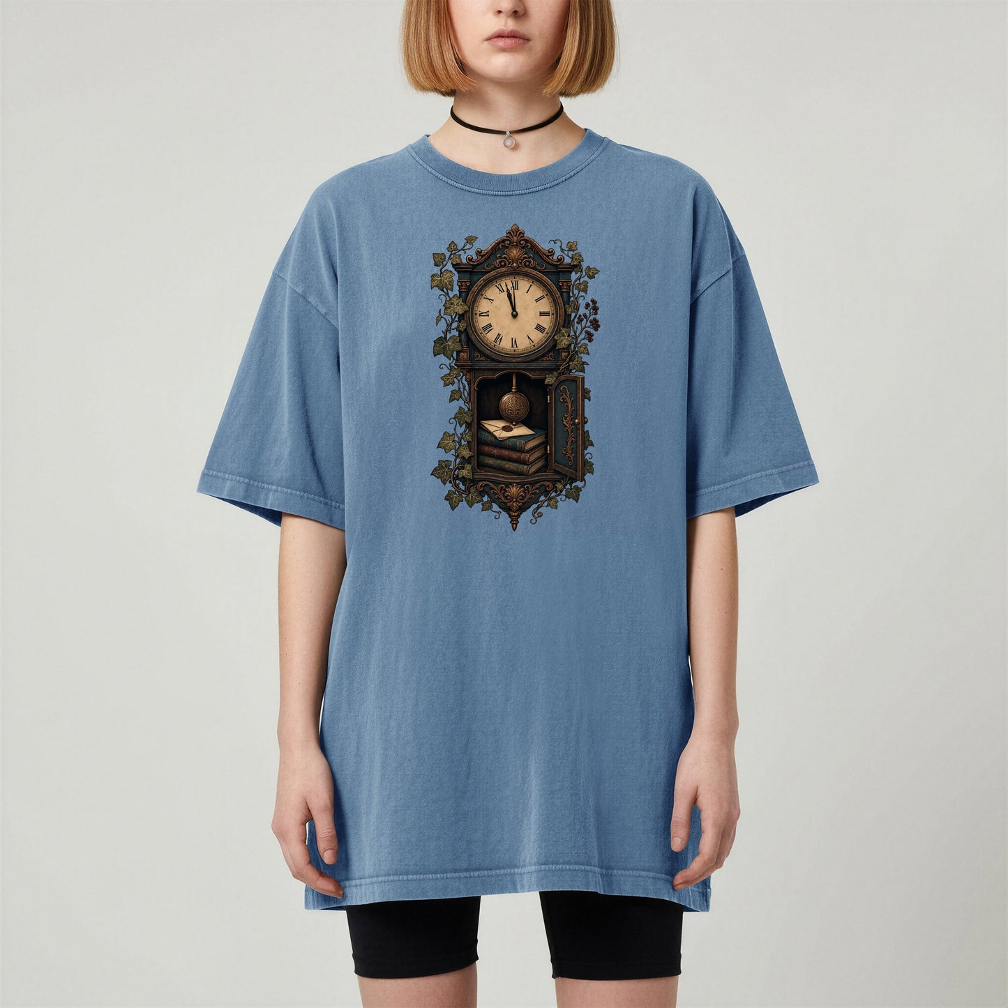 The Reading Hour bookish tee in Blue Jean, worn