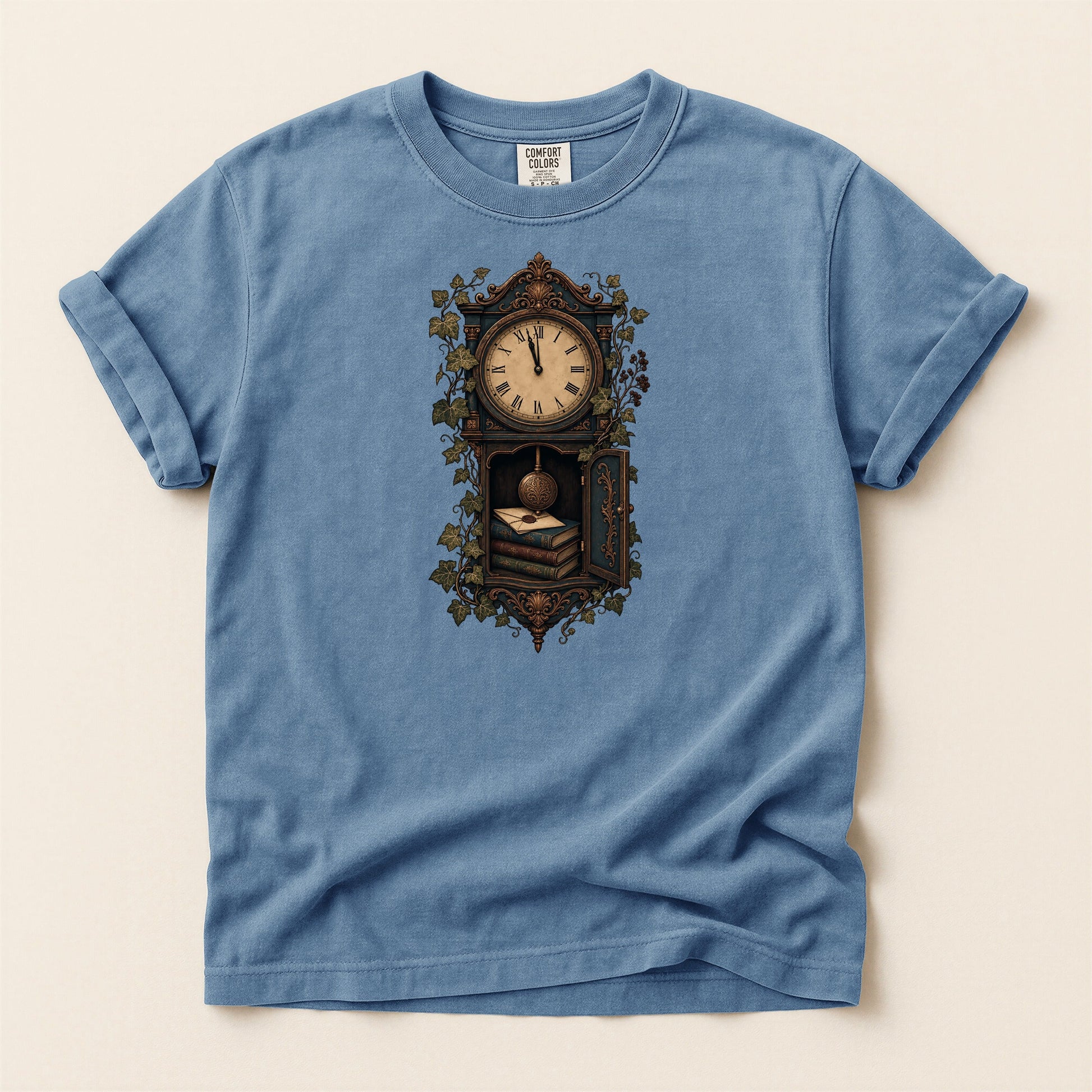 The Reading Hour bookish tee in Blue Jean, full flat