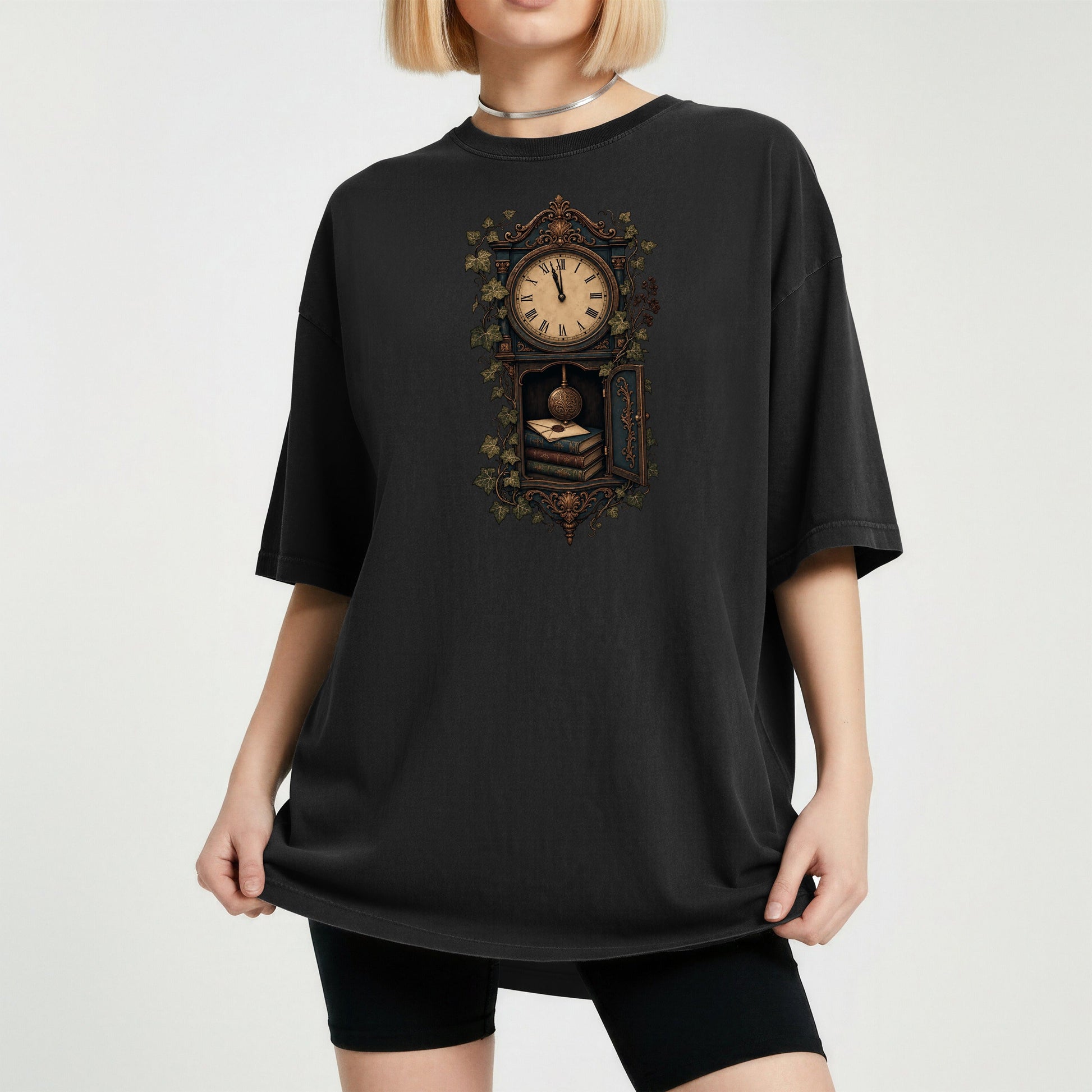The Reading Hour bookish tee in Black, worn