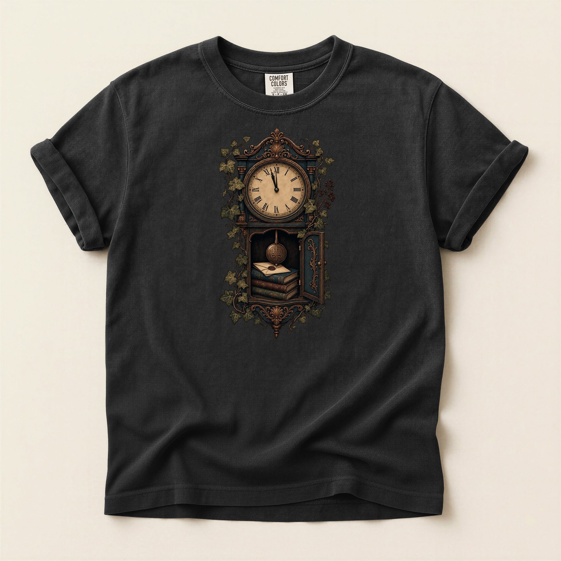 The Reading Hour bookish tee in Black, full flat