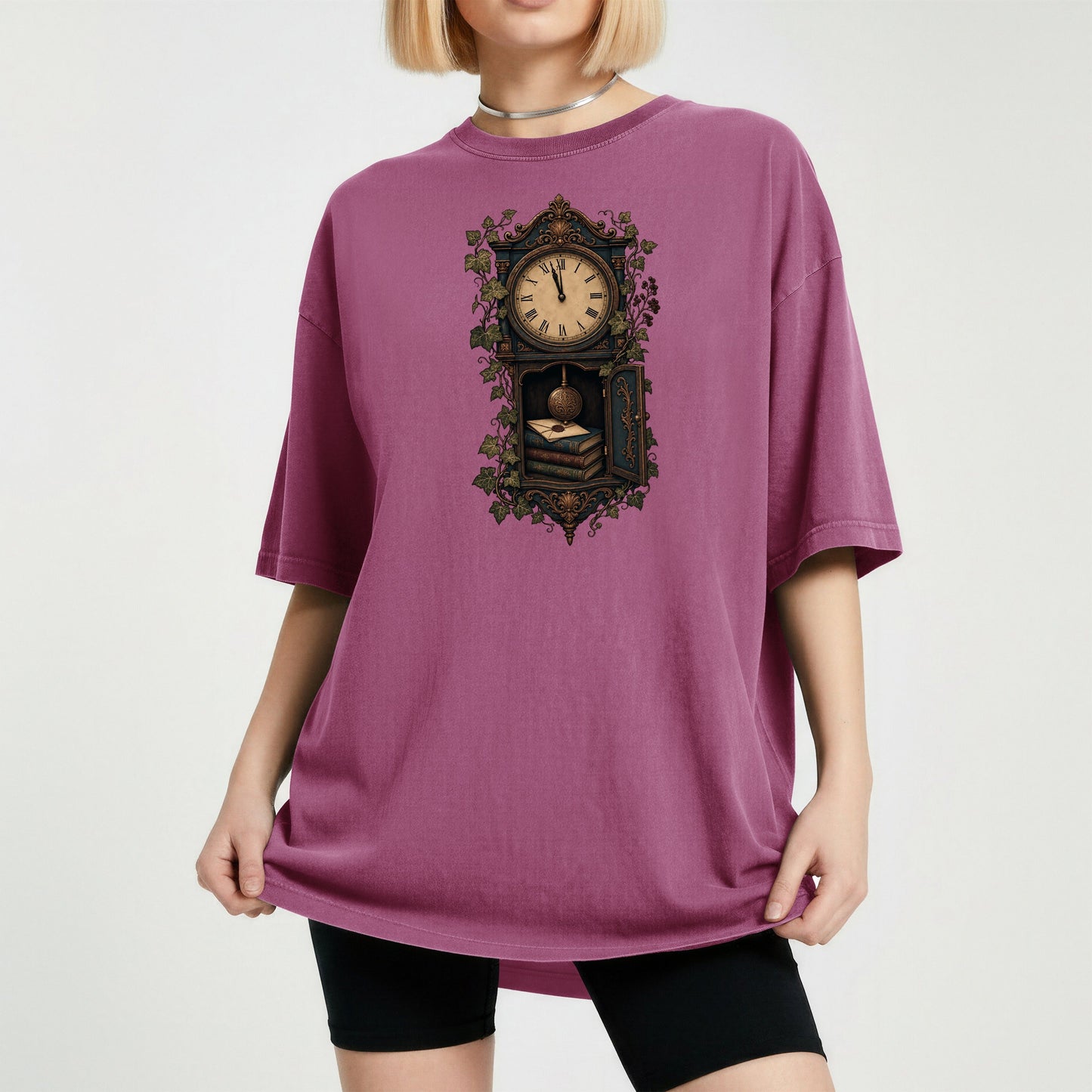 The Reading Hour bookish tee in Berry, worn