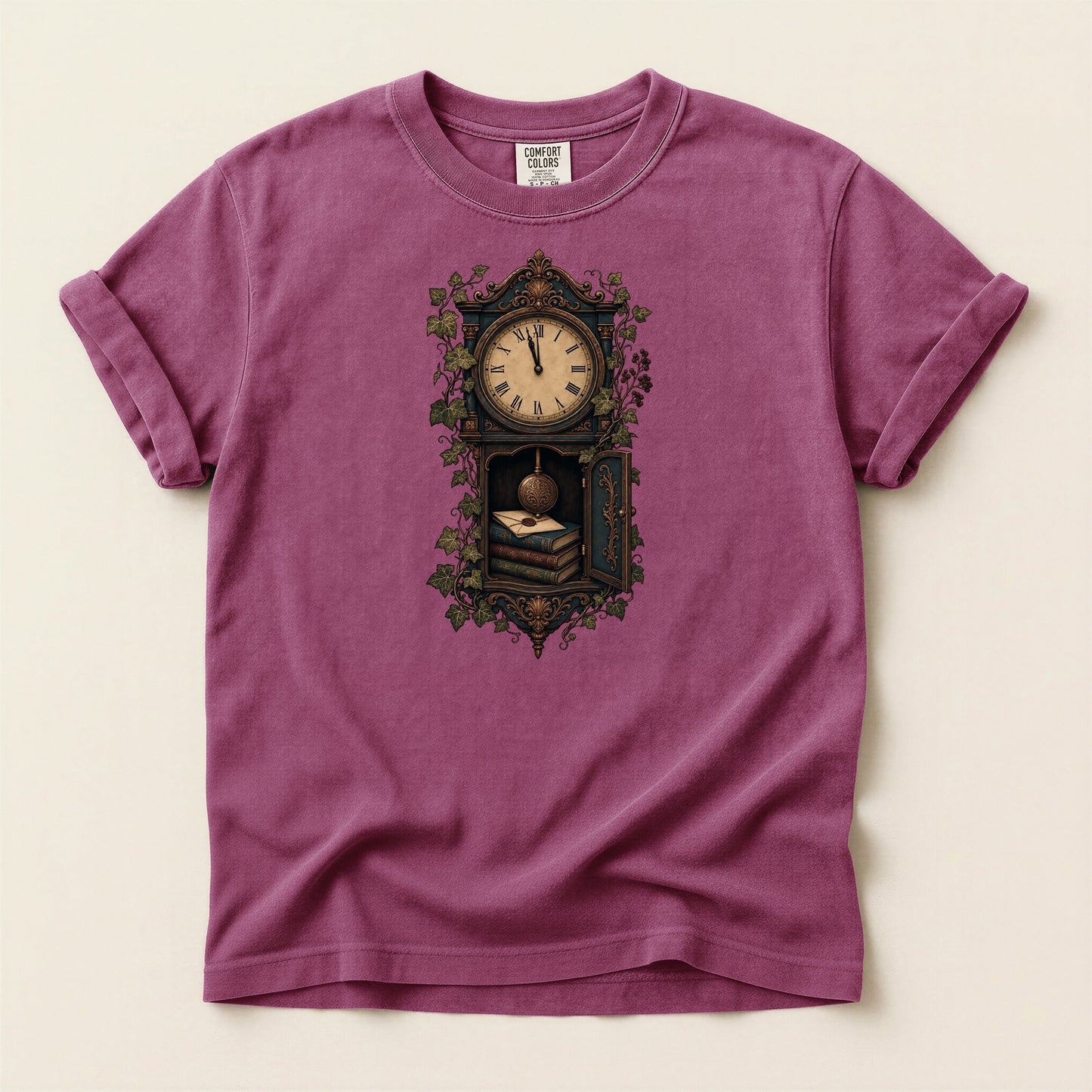 The Reading Hour bookish tee in Berry, full flat