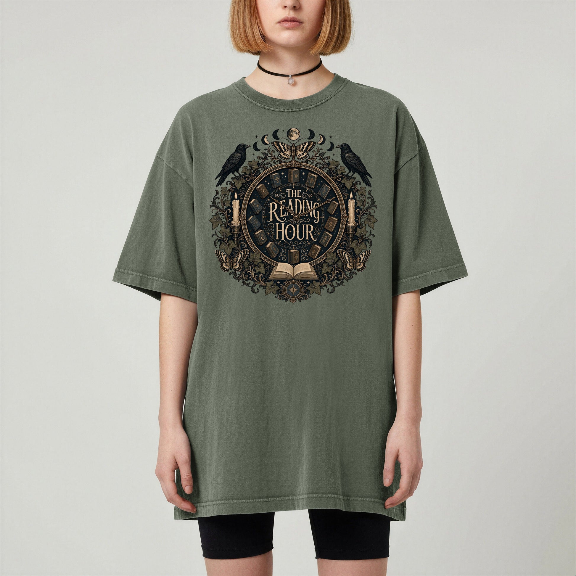 The Reading Hour bookish tee in Moss, worn