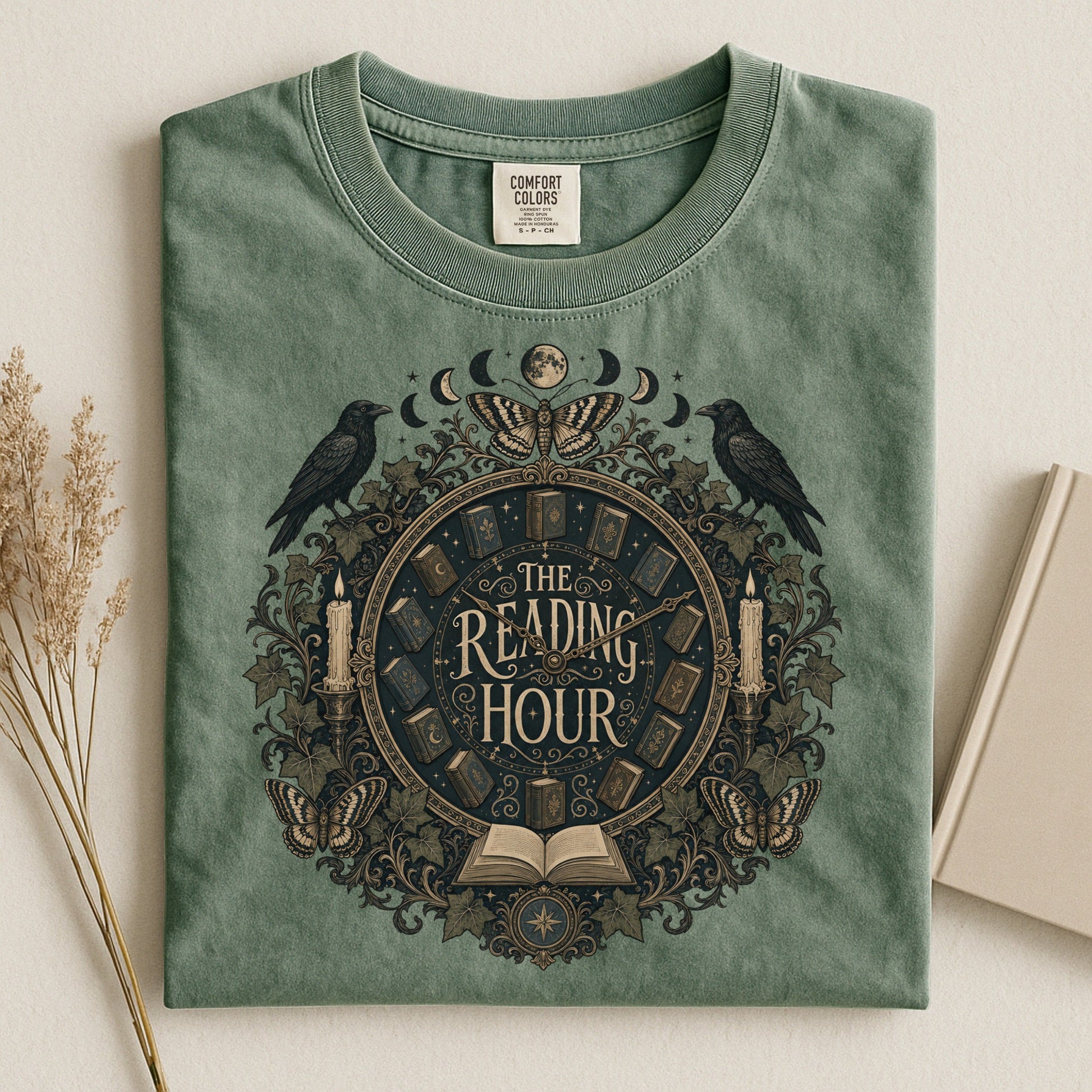The Reading Hour bookish tee in Moss, flat lay