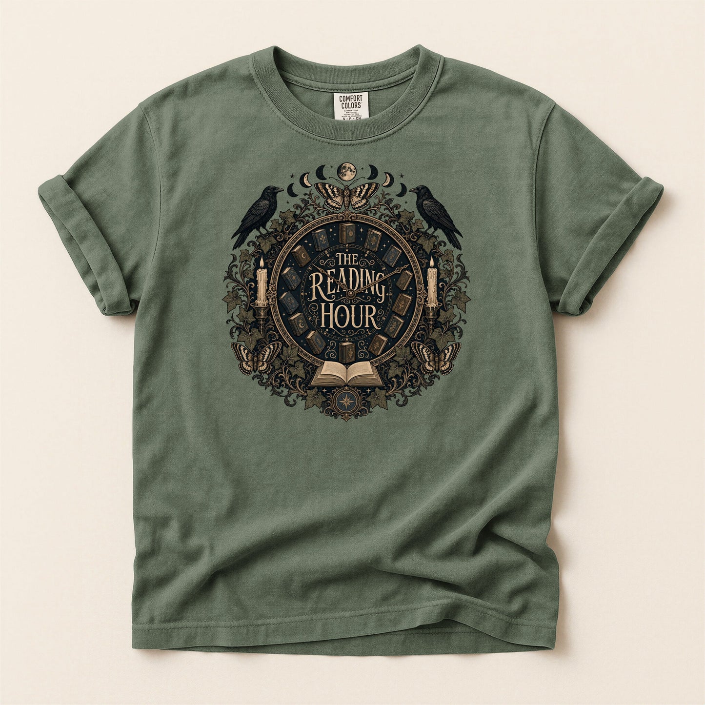 The Reading Hour bookish tee in Moss, full flat