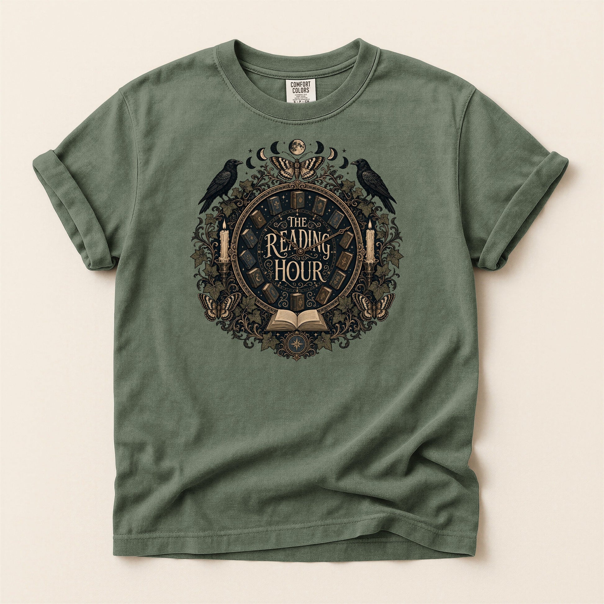The Reading Hour bookish tee in Moss, full flat