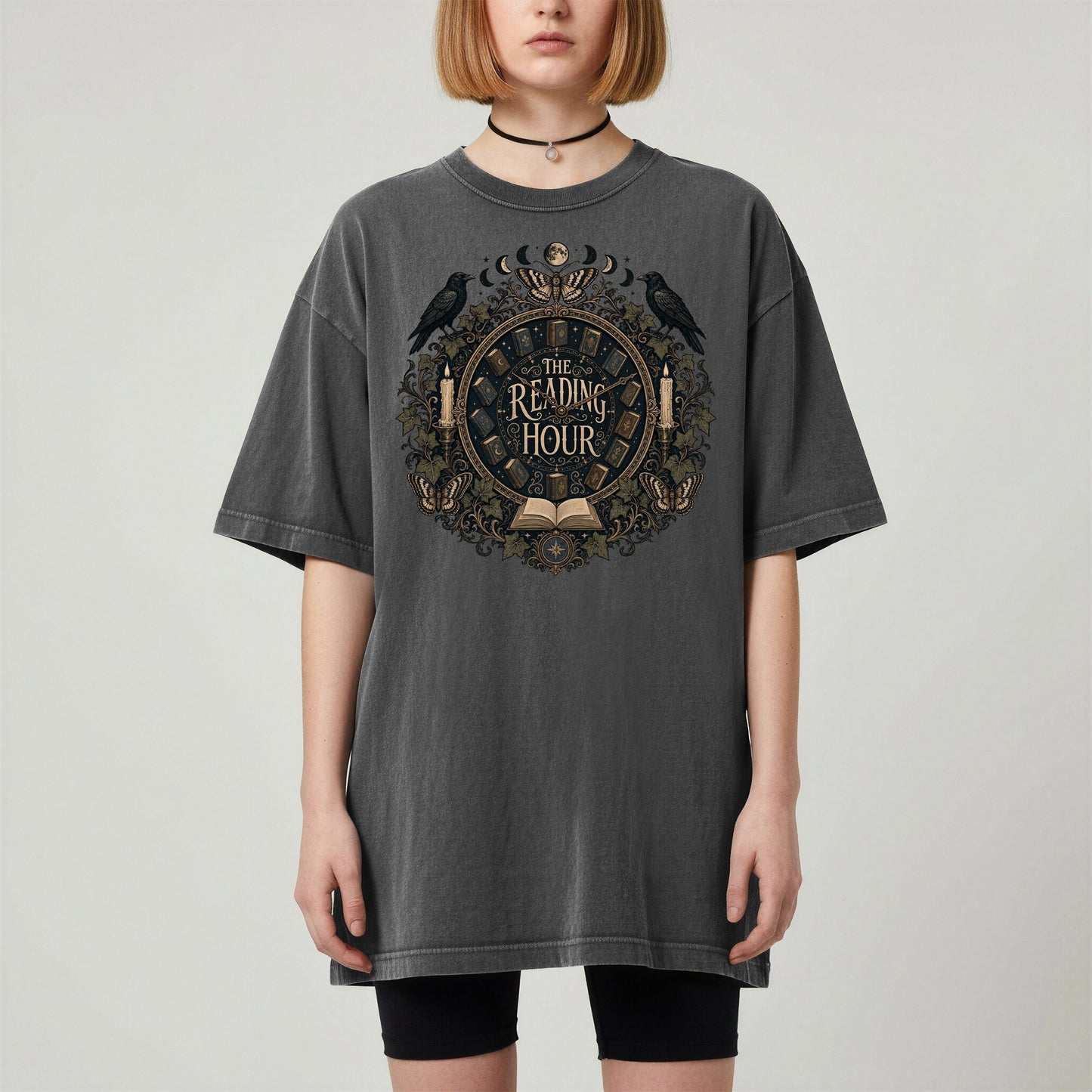 The Reading Hour bookish tee in Pepper, worn