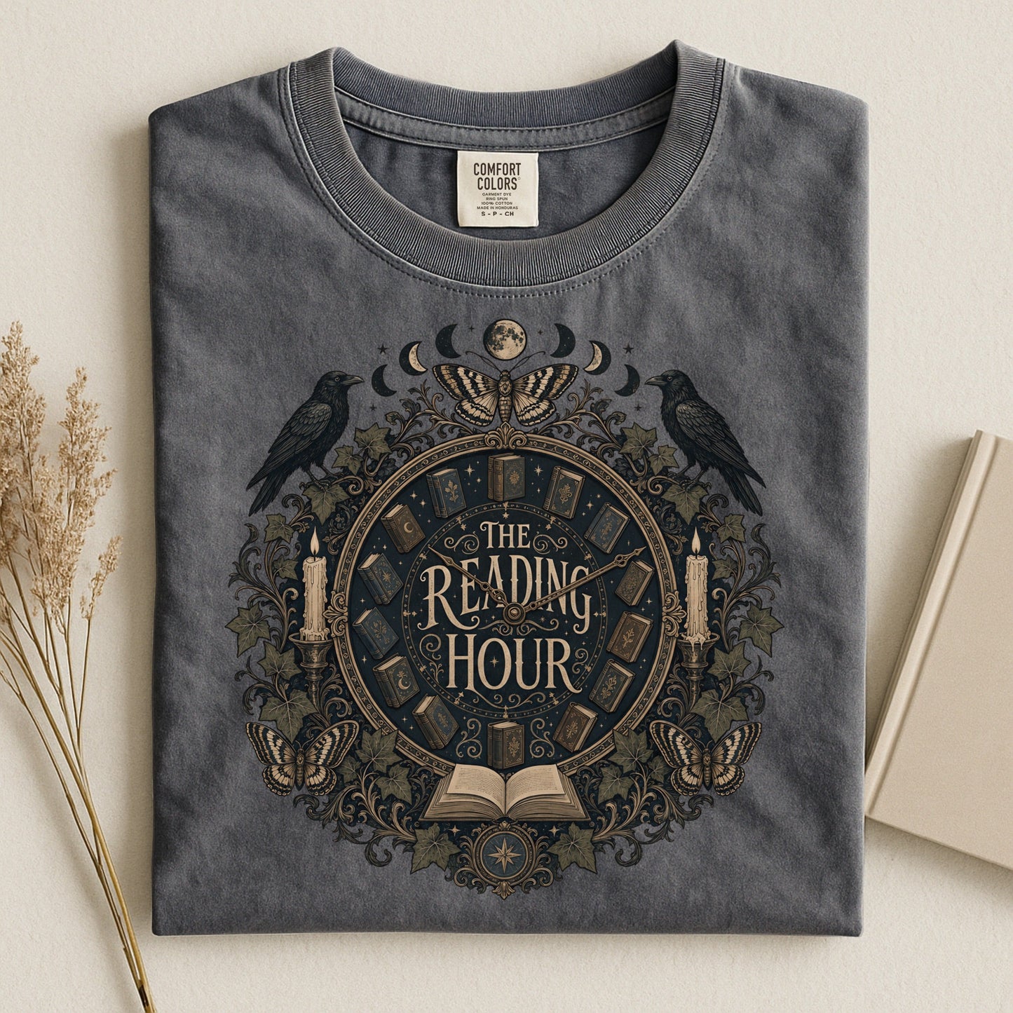The Reading Hour bookish tee in Pepper, flat lay