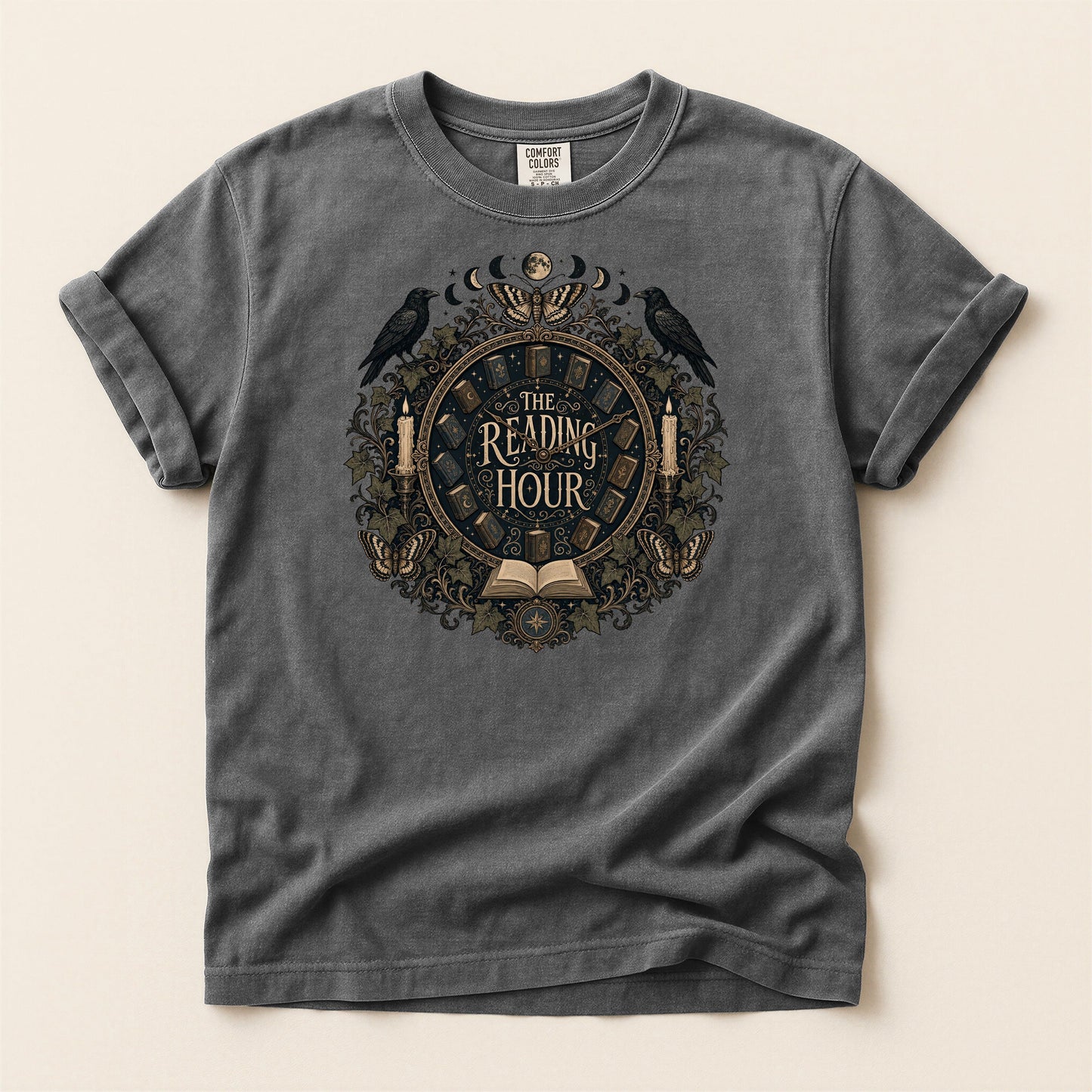 The Reading Hour bookish tee in Pepper, full flat