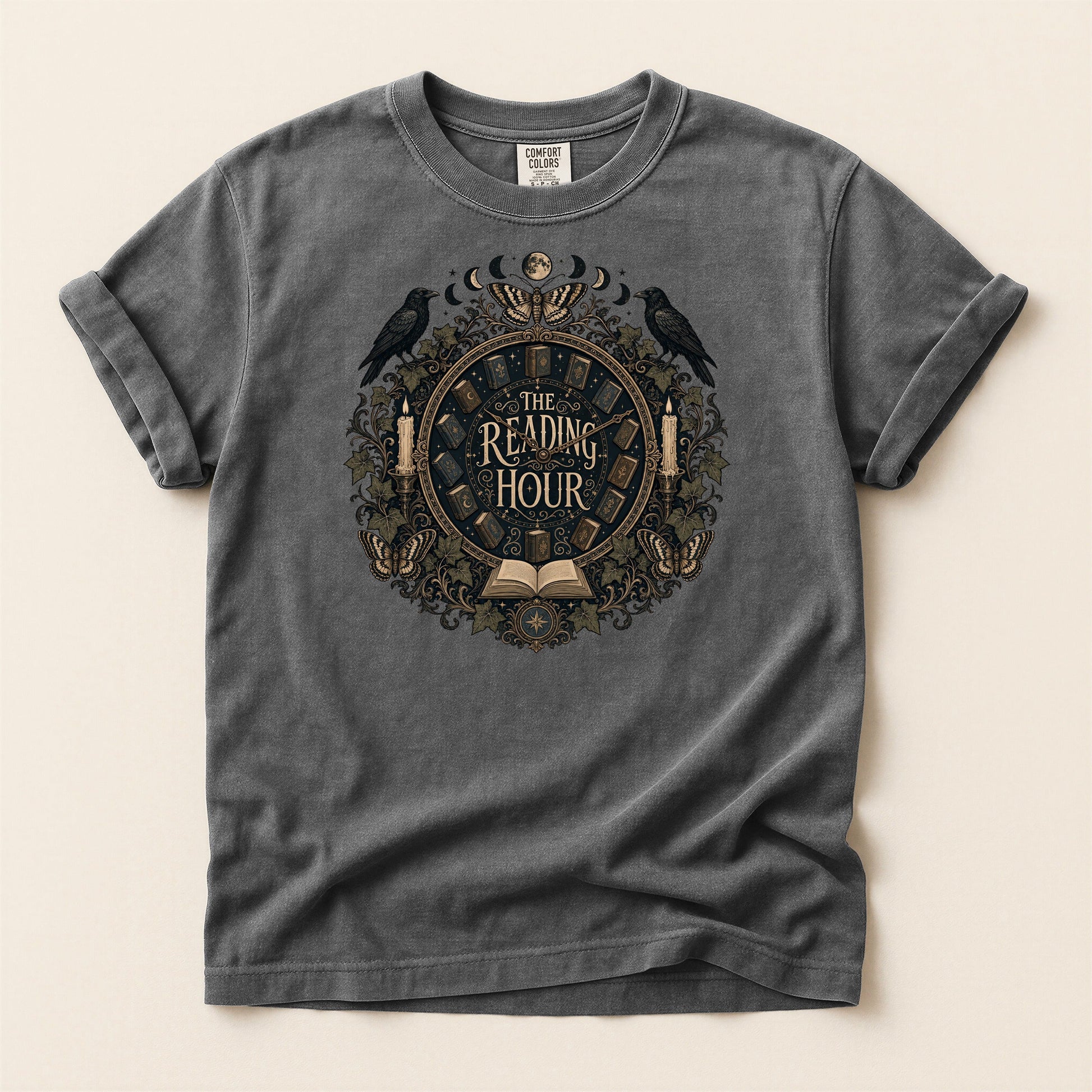 The Reading Hour bookish tee in Pepper, full flat