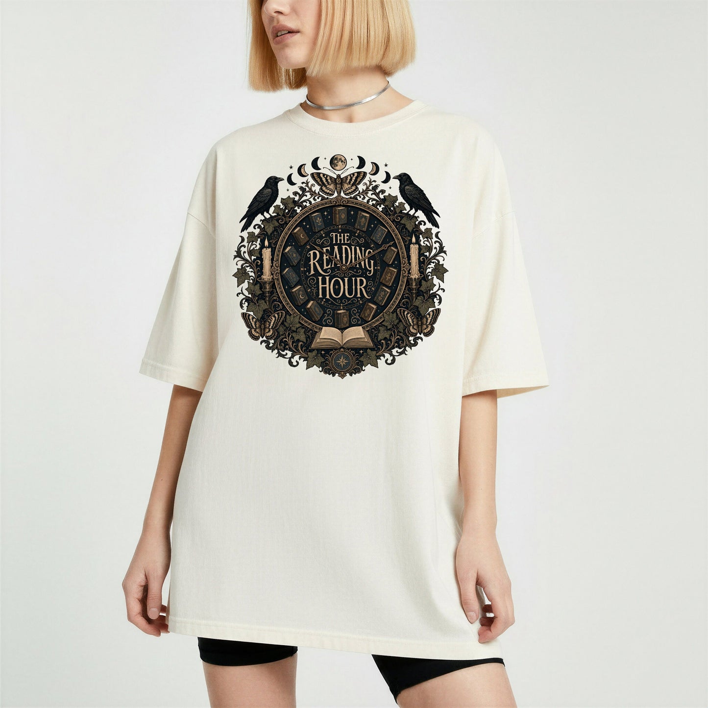 The Reading Hour bookish tee in Ivory, worn