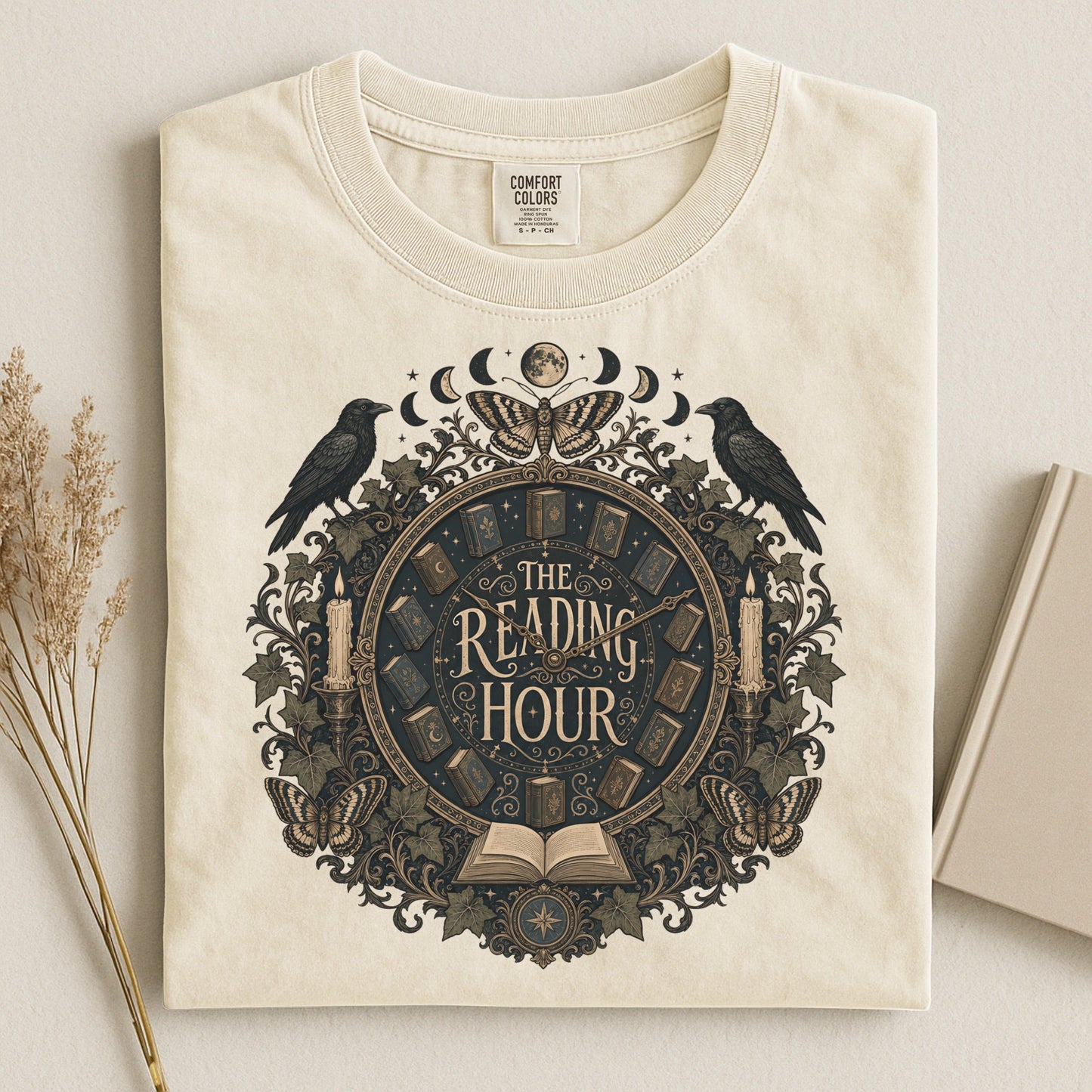 The Reading Hour bookish tee in Ivory, flat lay
