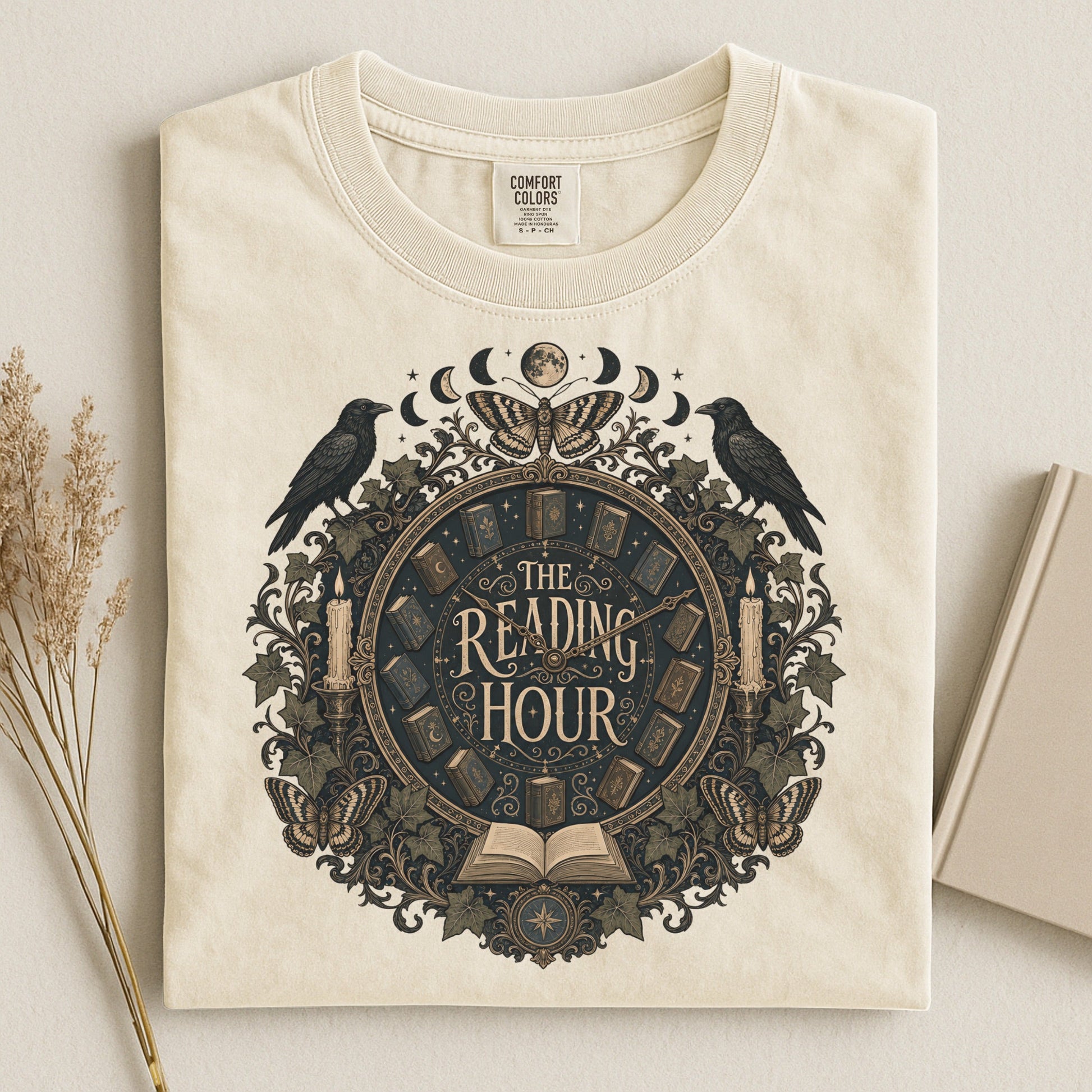 The Reading Hour bookish tee in Ivory, flat lay