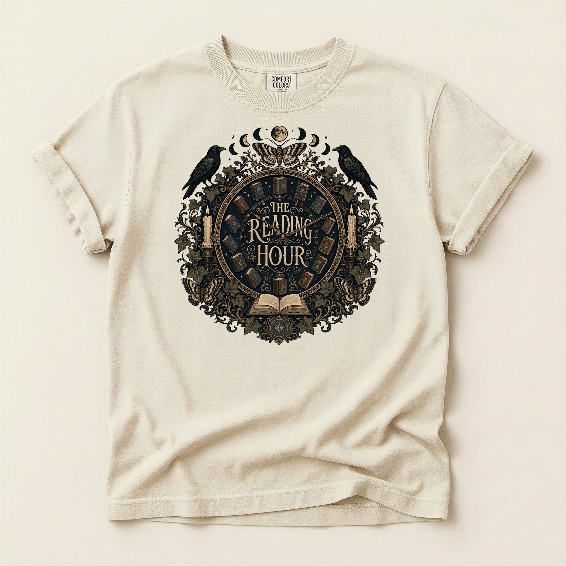 The Reading Hour bookish tee in Ivory, full flat