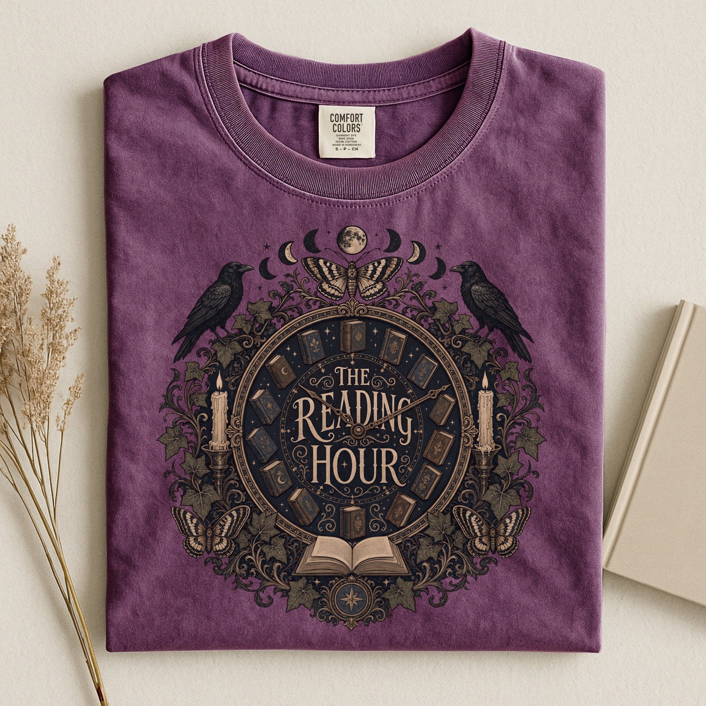 The Reading Hour bookish tee in Berry, flat lay