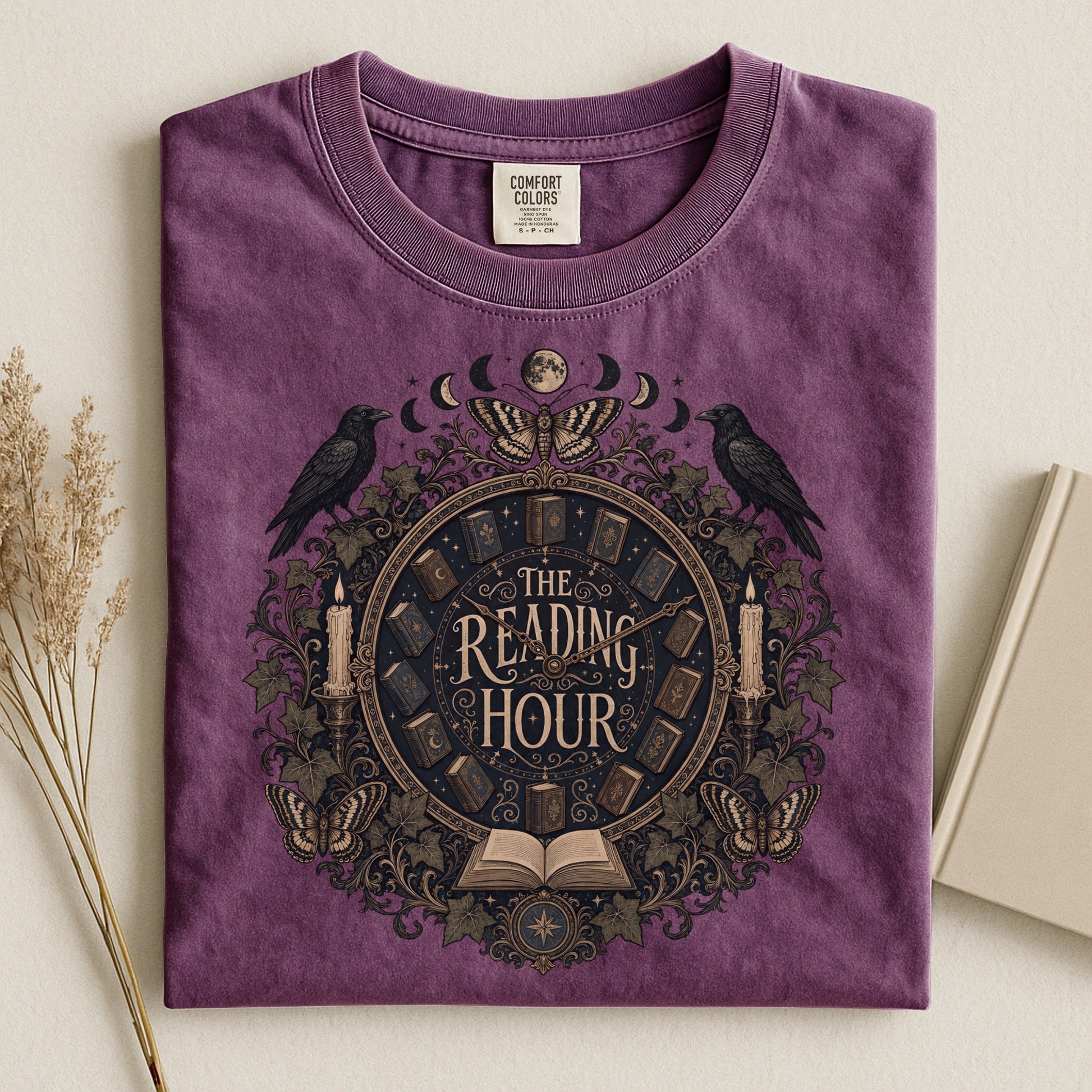 The Reading Hour bookish tee in Berry, flat lay