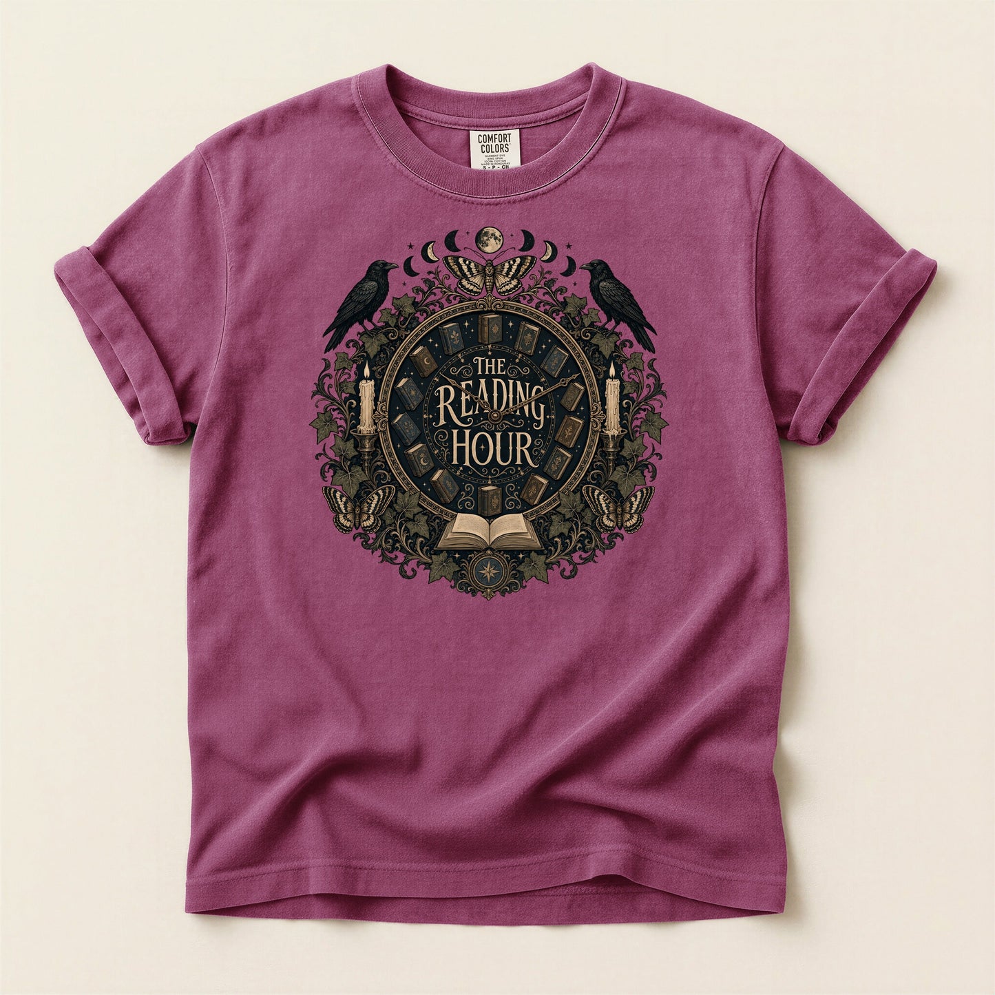 The Reading Hour bookish tee in Berry, full flat