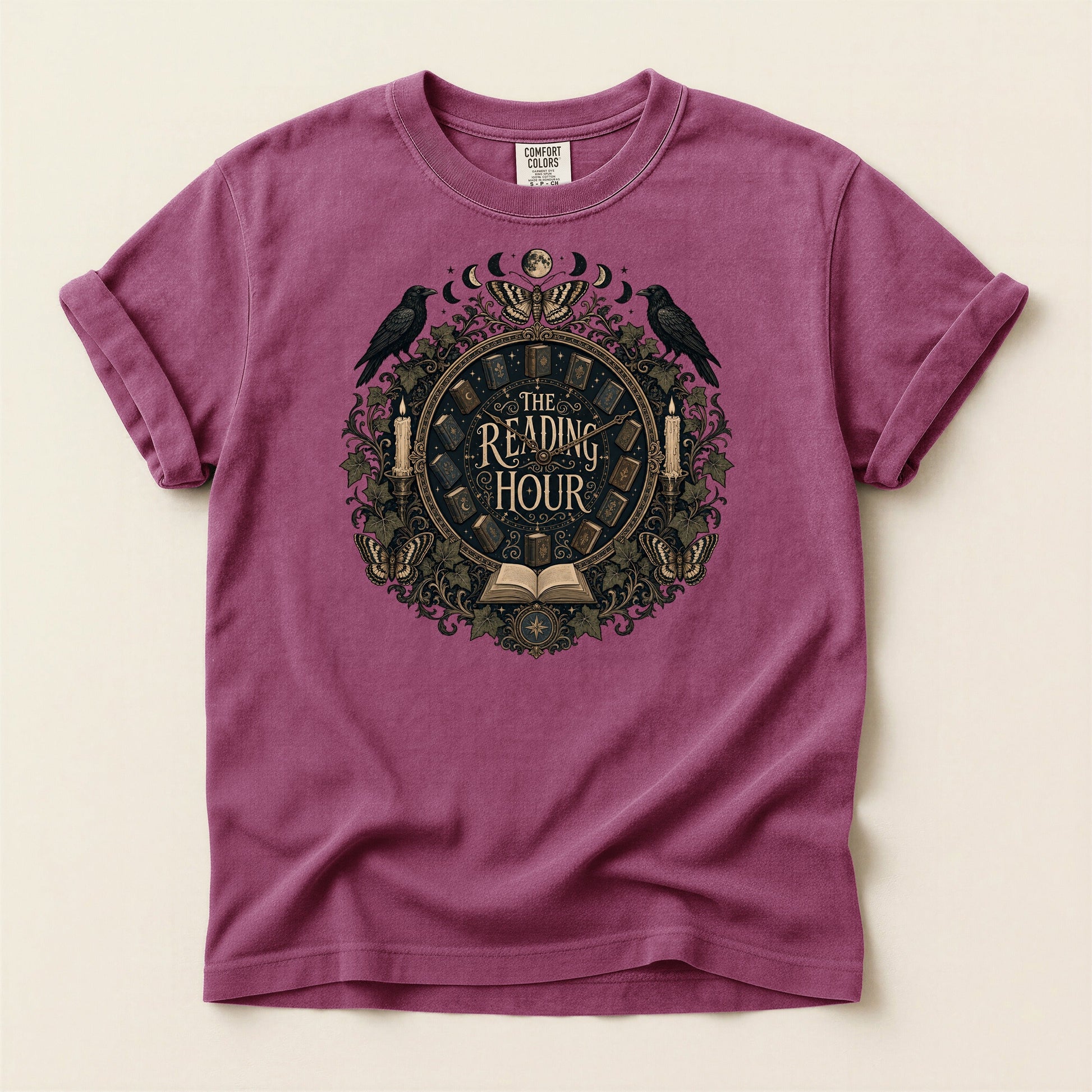 The Reading Hour bookish tee in Berry, full flat