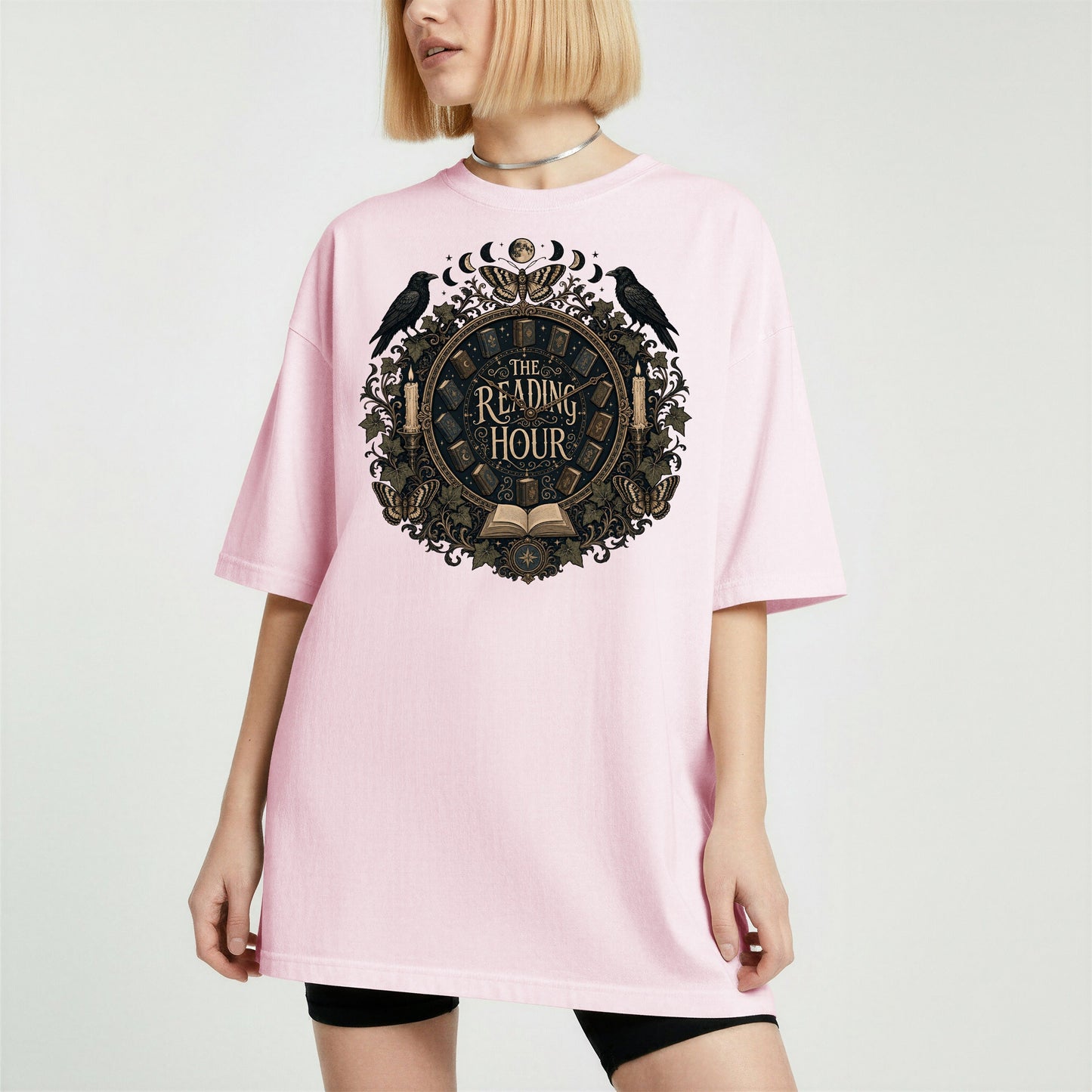 The Reading Hour bookish tee in Blossom, worn