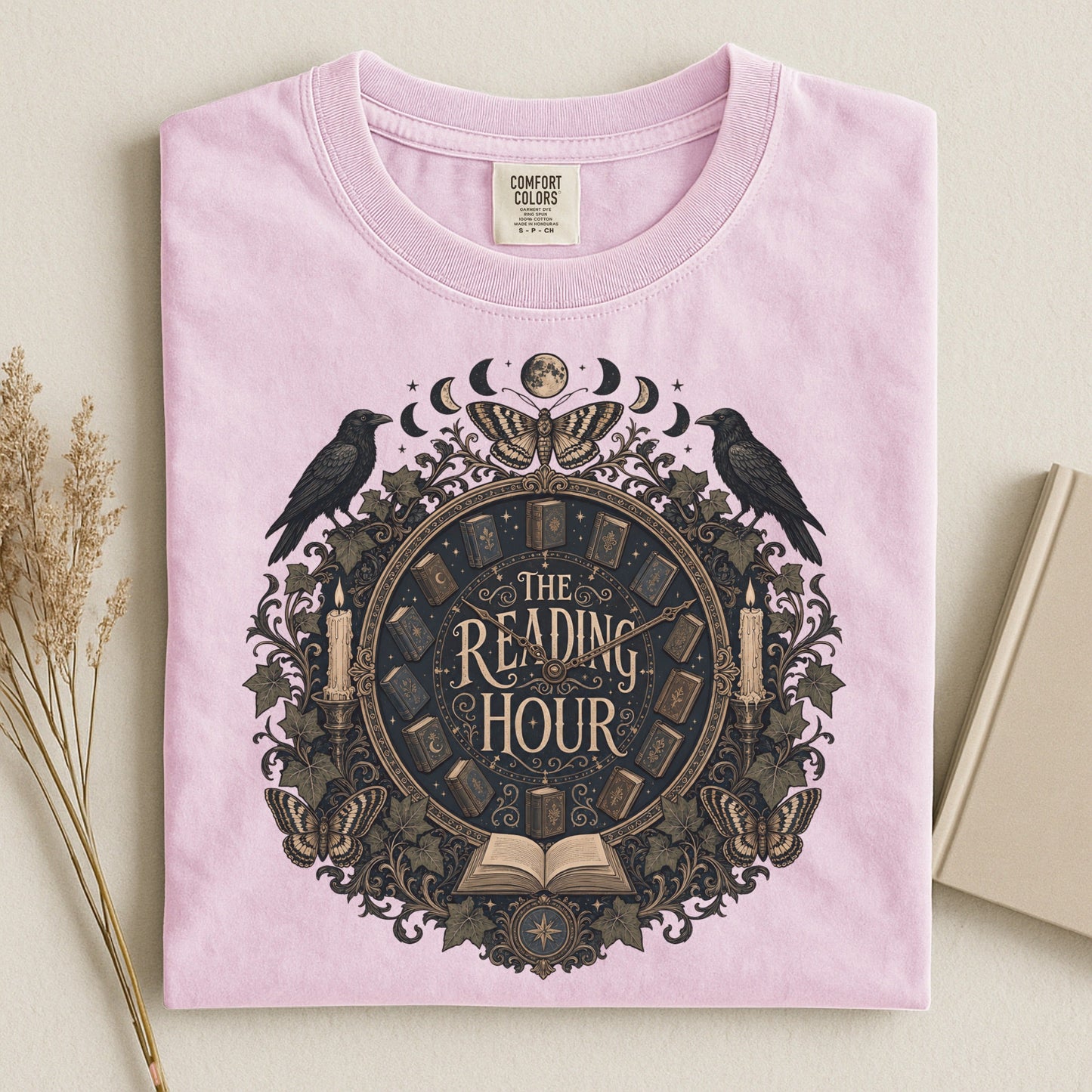 The Reading Hour bookish tee in Blossom, flat lay
