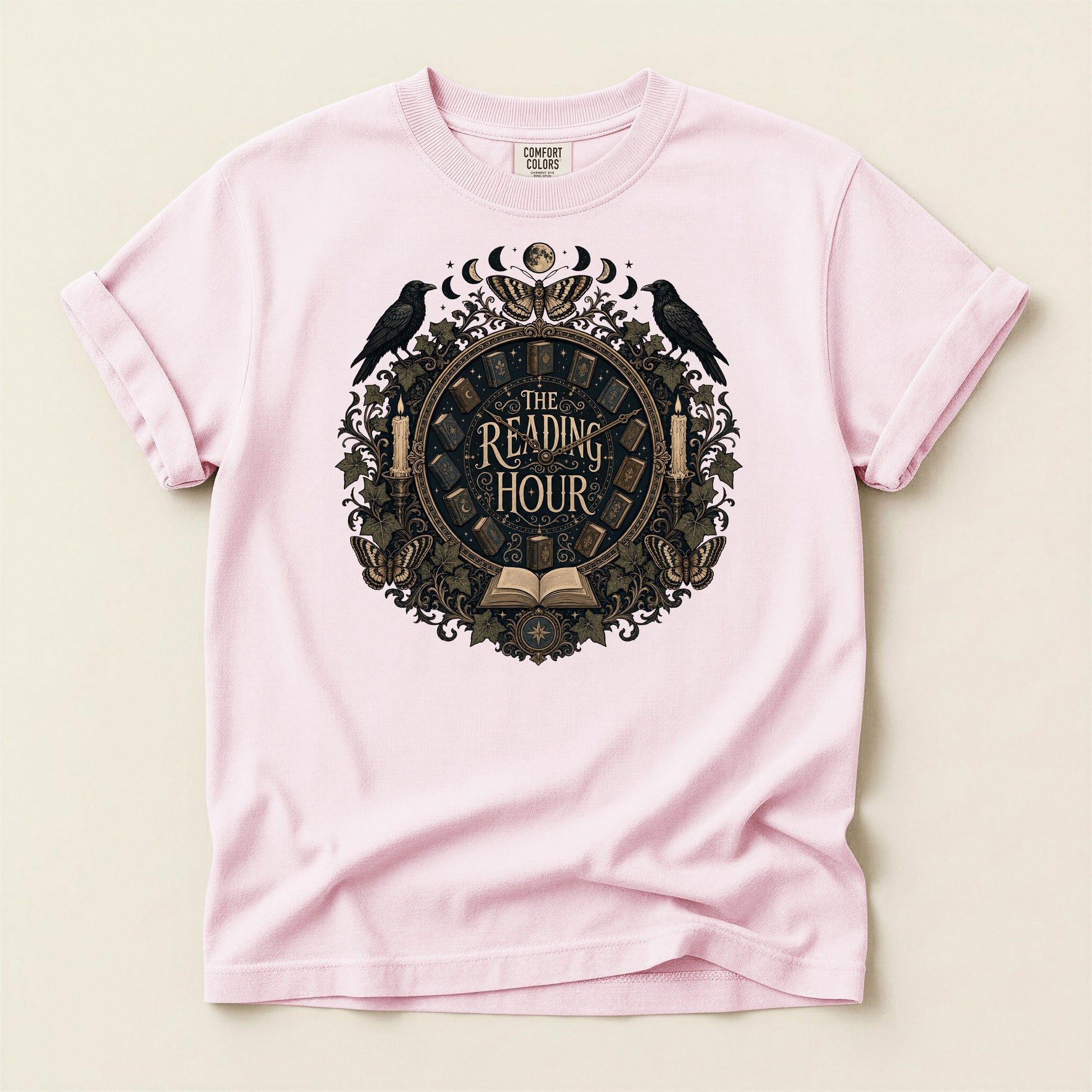 The Reading Hour bookish tee in Blossom, full flat