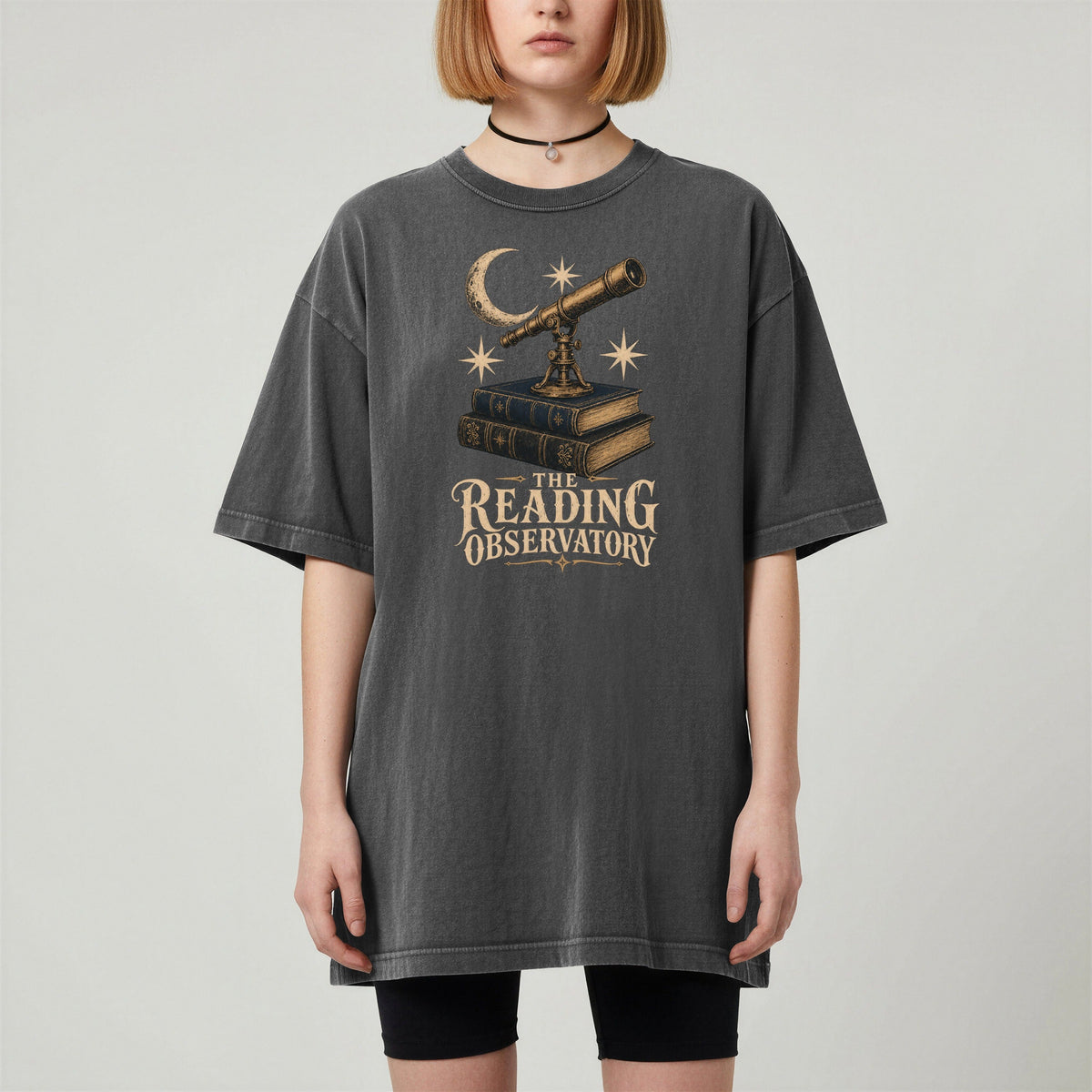 Shelf Love Studio The Reading Observatory t-shirt in Pepper, worn