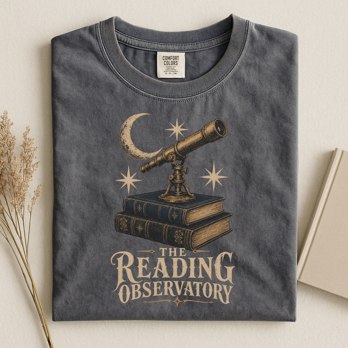 Shelf Love Studio The Reading Observatory t-shirt in Pepper, styled flat lay
