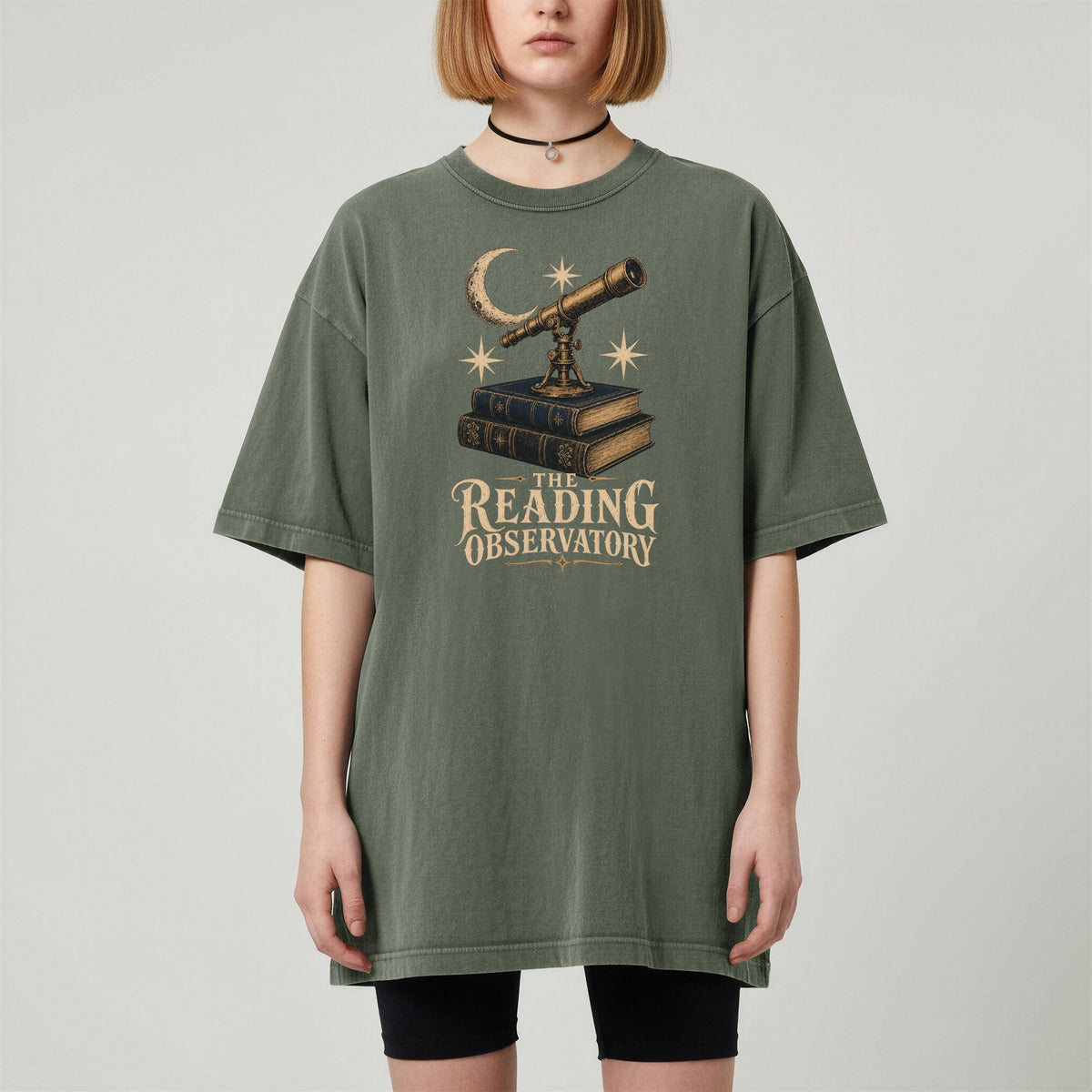 Shelf Love Studio The Reading Observatory t-shirt in Moss, worn