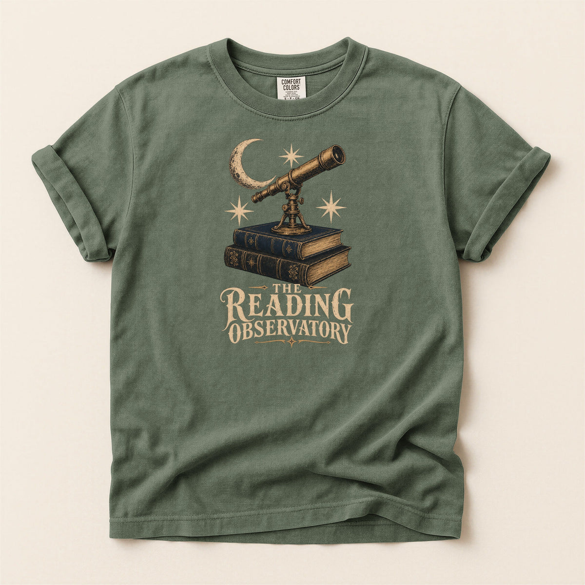 Shelf Love Studio The Reading Observatory t-shirt in Moss, flat