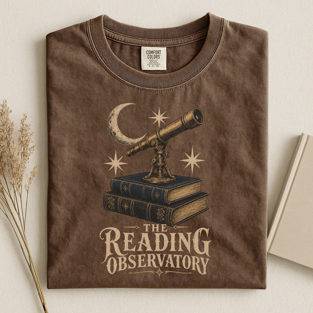 Shelf Love Studio The Reading Observatory t-shirt in Espresso, styled flat lay