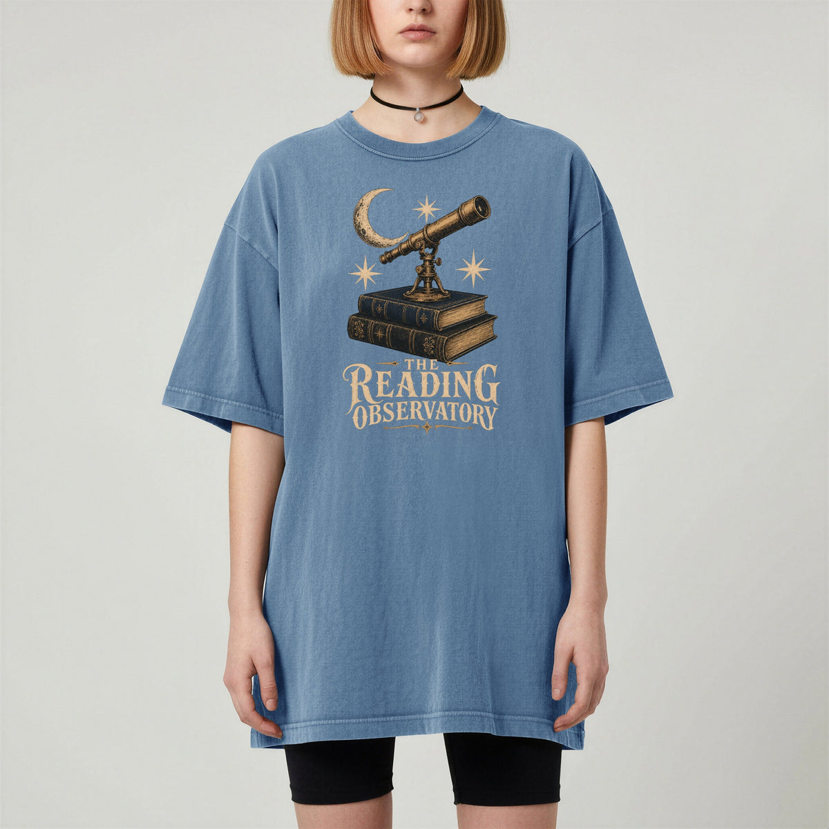 Shelf Love Studio The Reading Observatory t-shirt in Blue Jean, worn