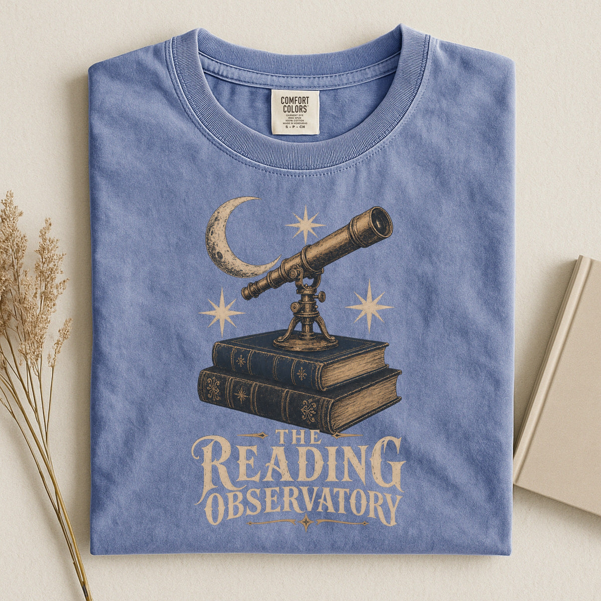 Shelf Love Studio The Reading Observatory t-shirt in Blue Jean, styled flat lay