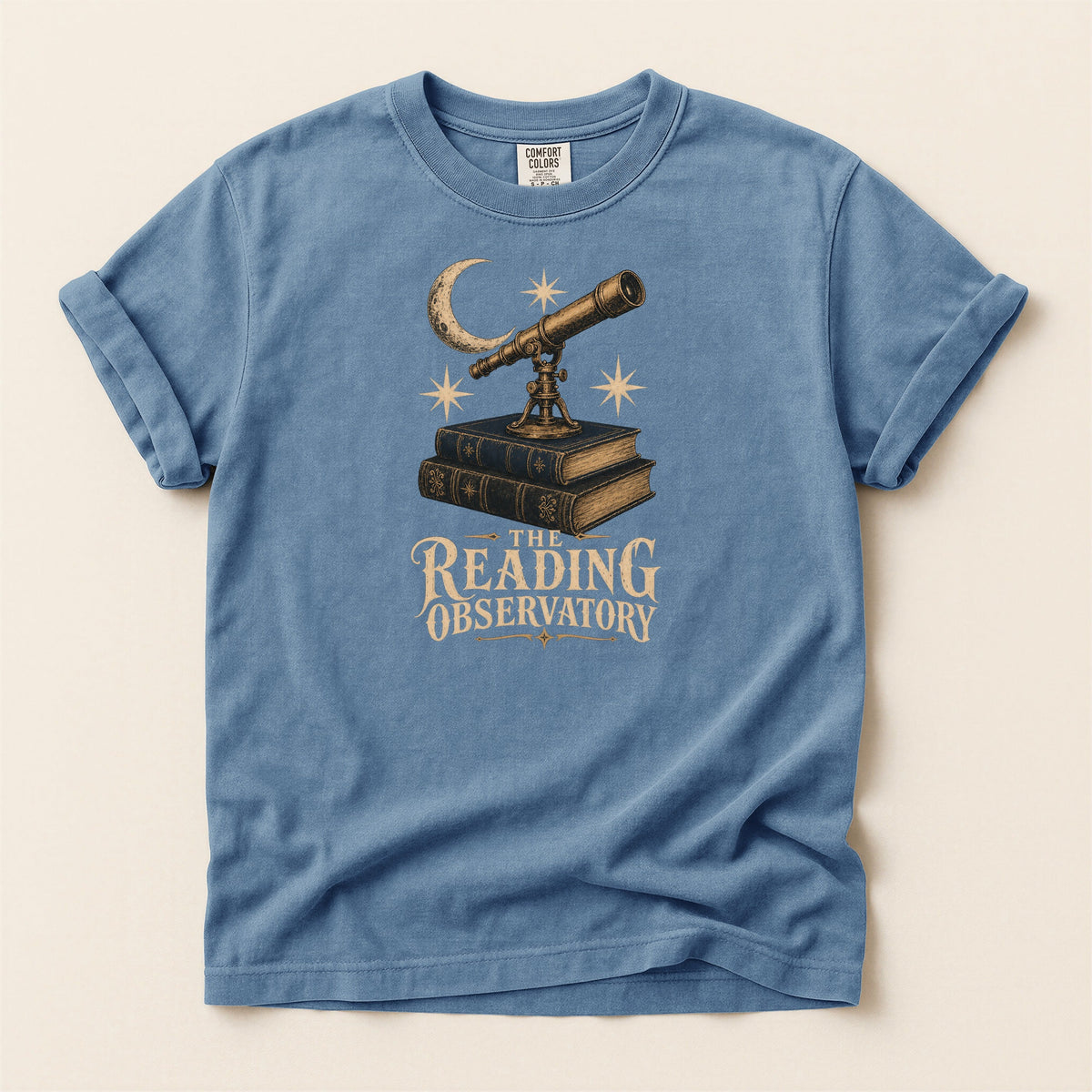 Shelf Love Studio The Reading Observatory t-shirt in Blue Jean, flat