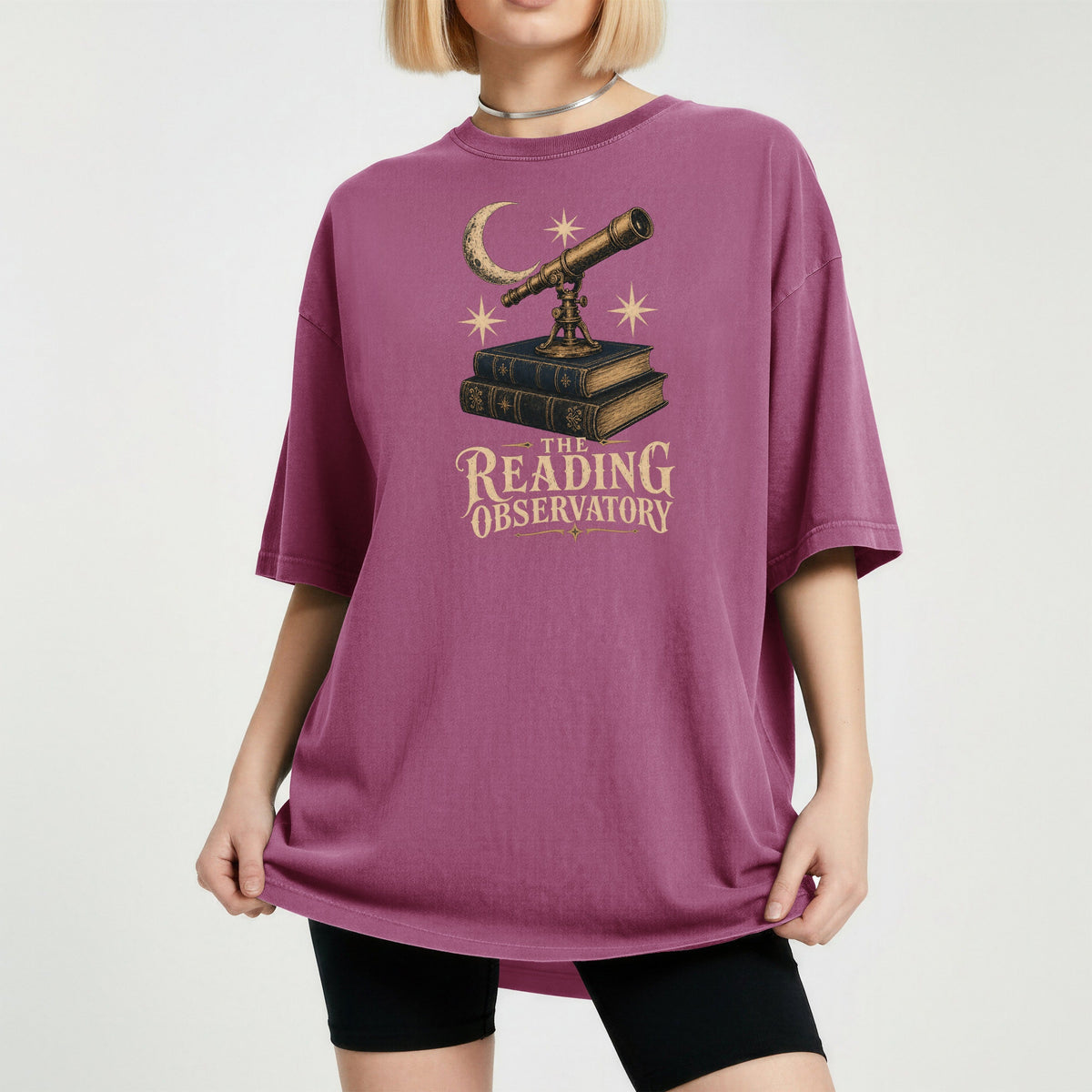 Shelf Love Studio The Reading Observatory t-shirt in Berry, worn
