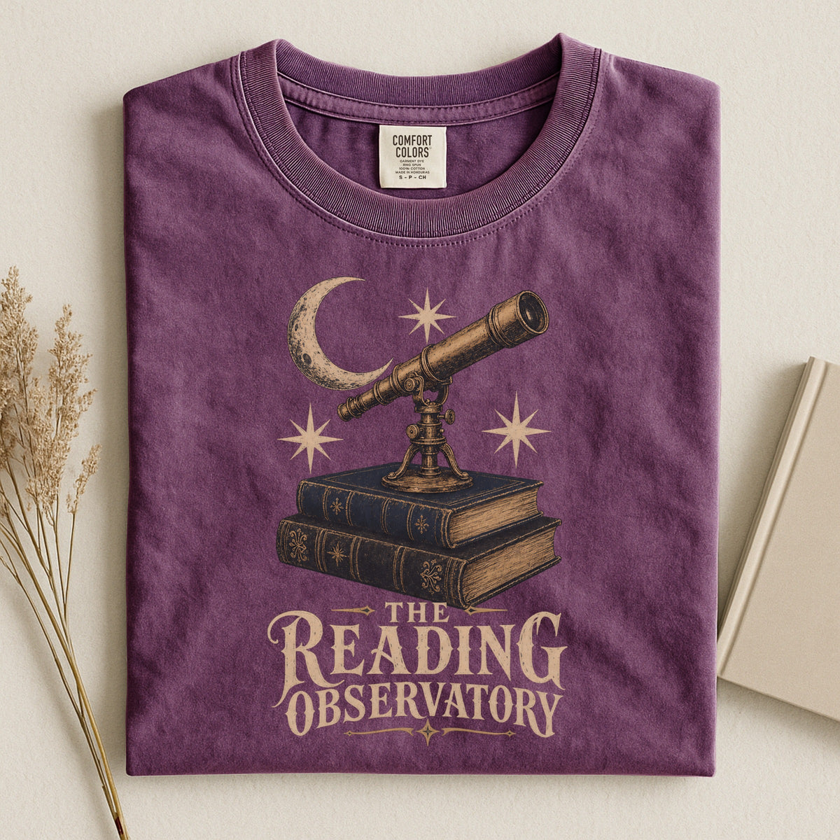 Shelf Love Studio The Reading Observatory t-shirt in Berry, styled flat lay