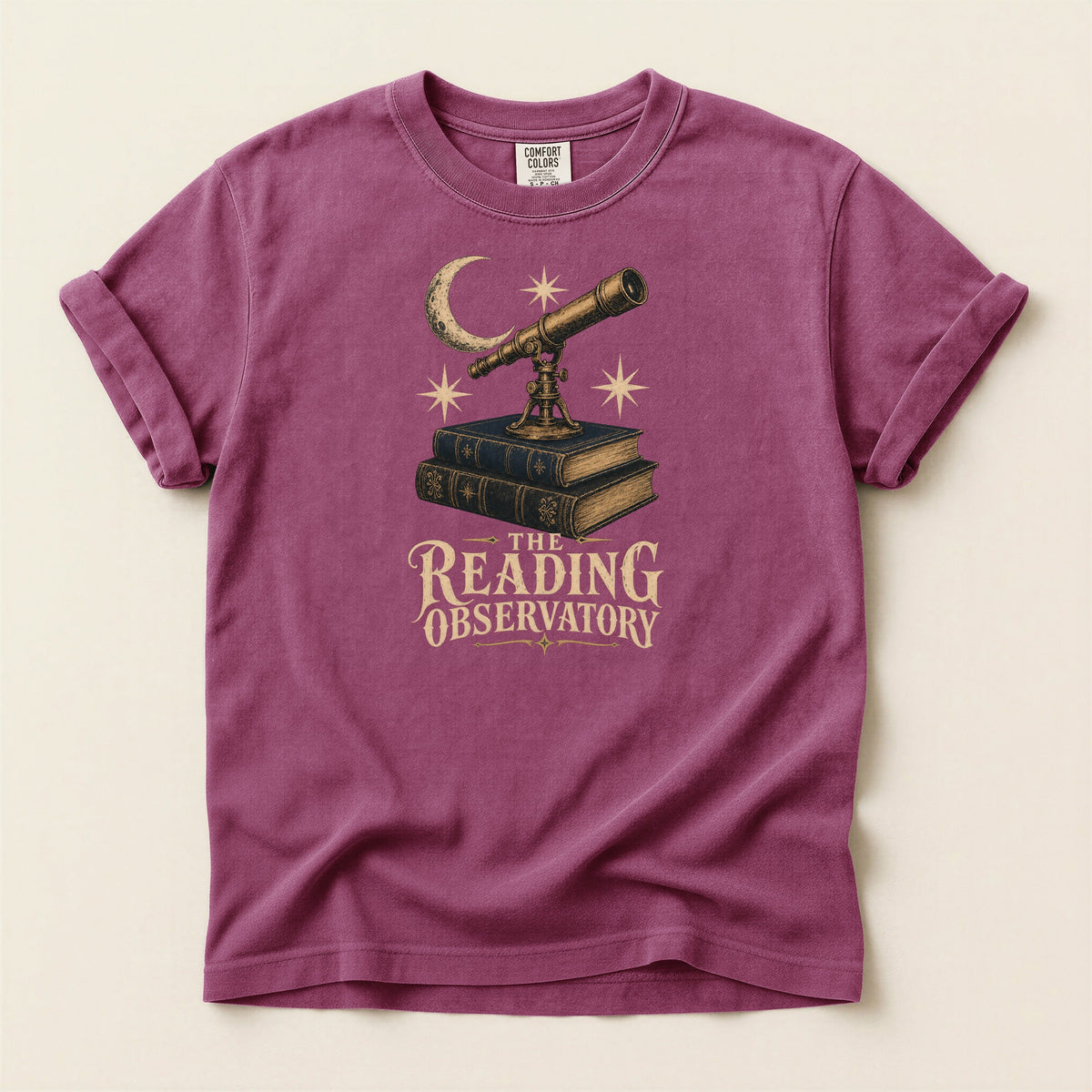 Shelf Love Studio The Reading Observatory t-shirt in Berry, flat