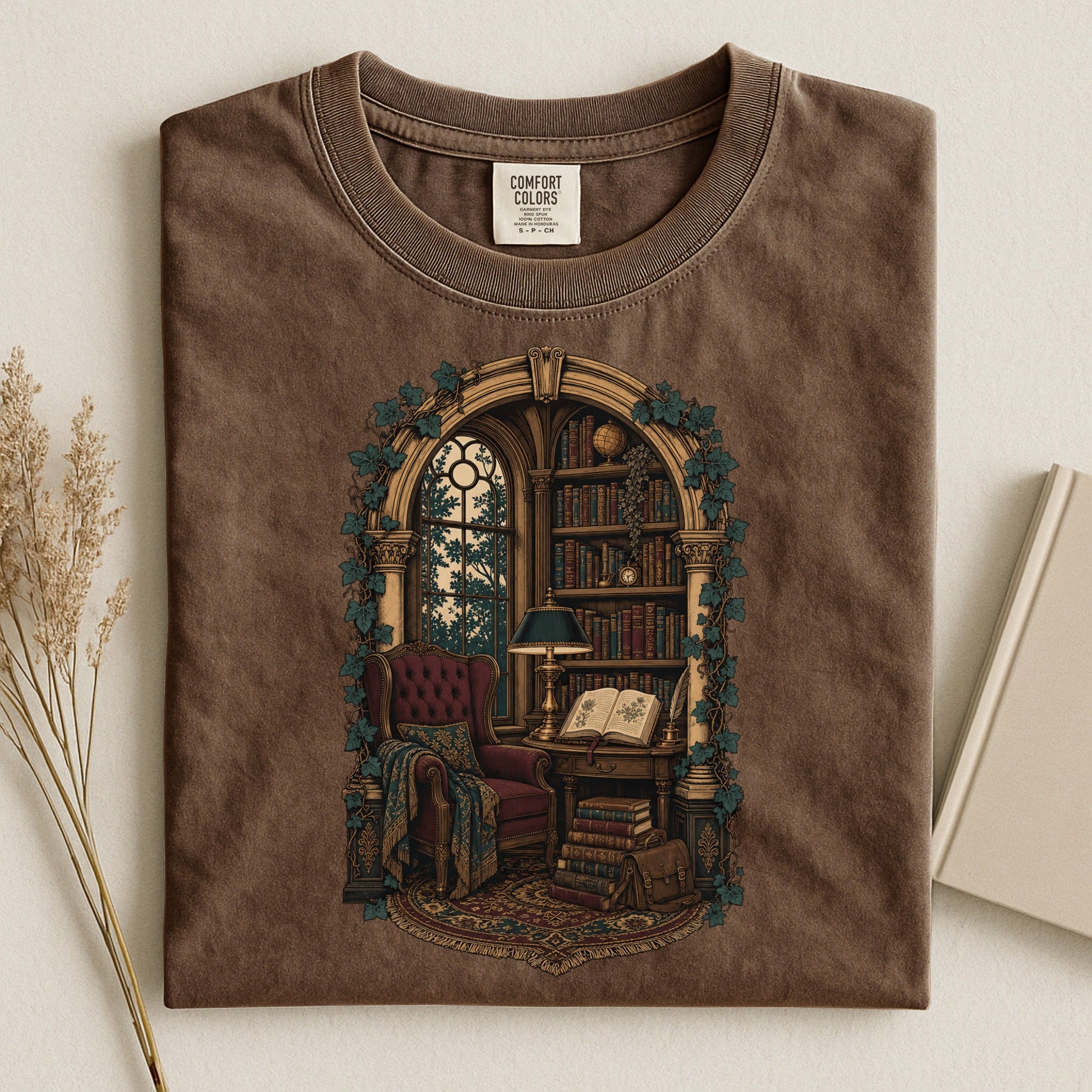 The Reading Room bookish tee in Espresso, flat lay