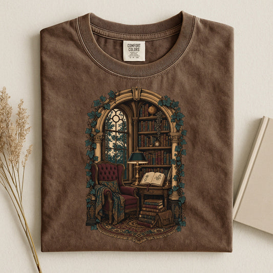 The Reading Room bookish tee in Espresso, flat lay