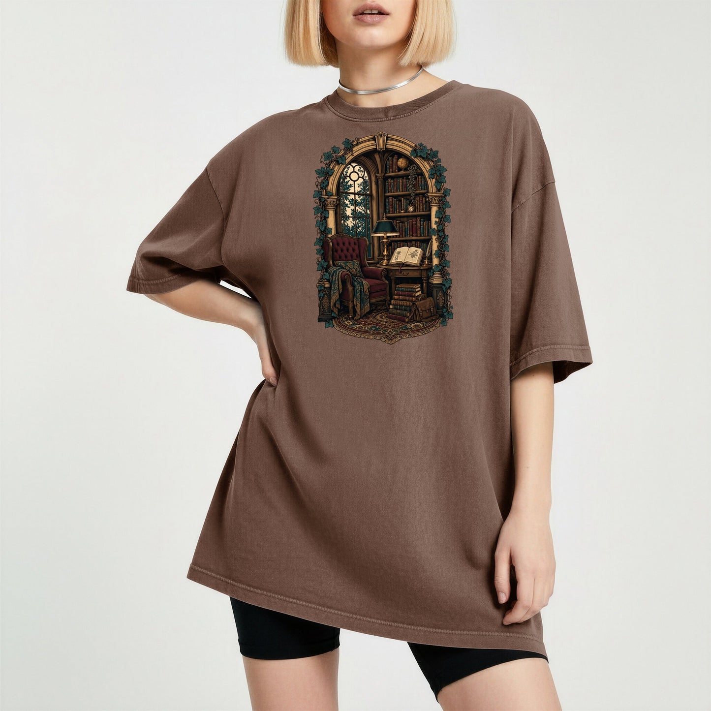 The Reading Room bookish tee in Espresso, worn