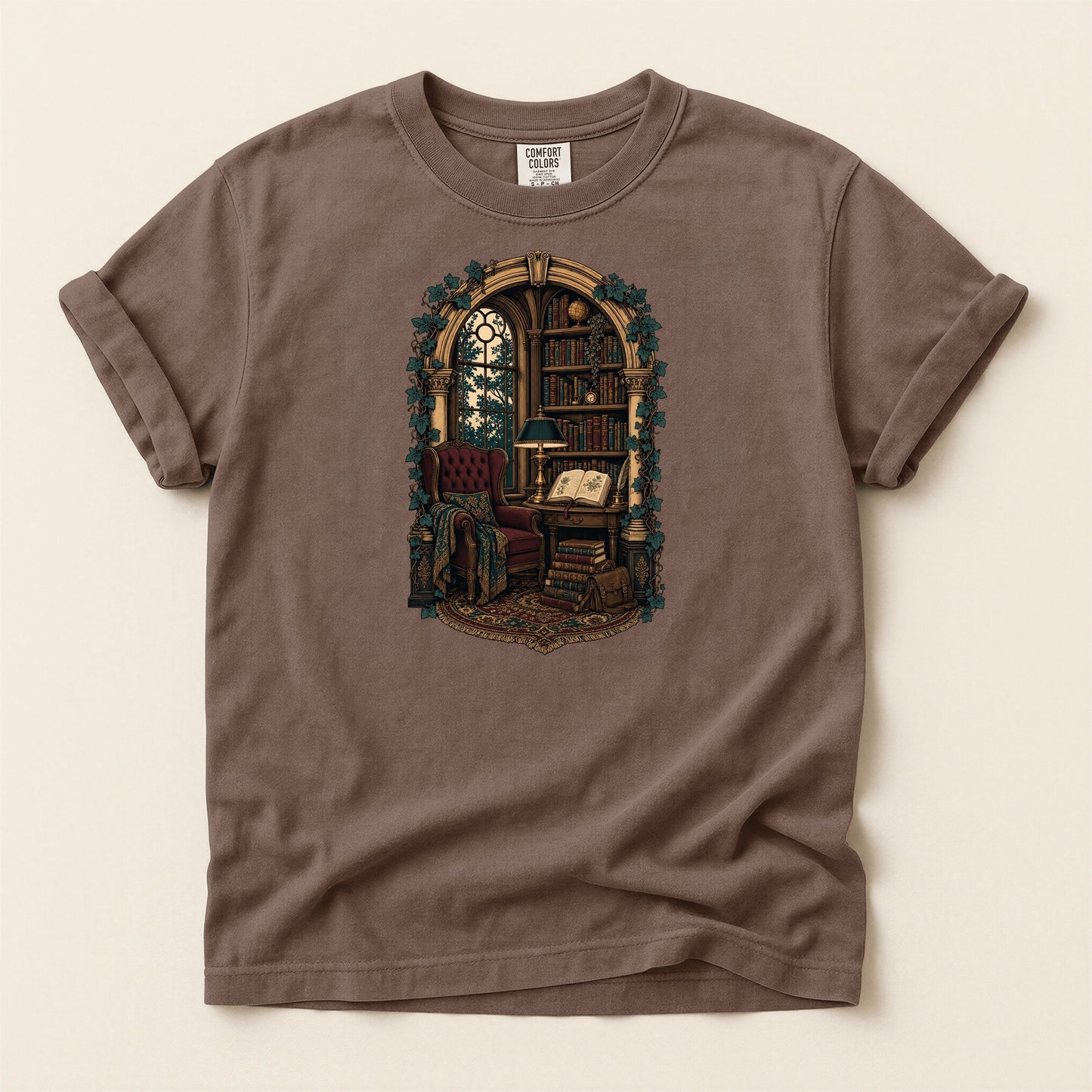 The Reading Room bookish tee in Espresso, full flat