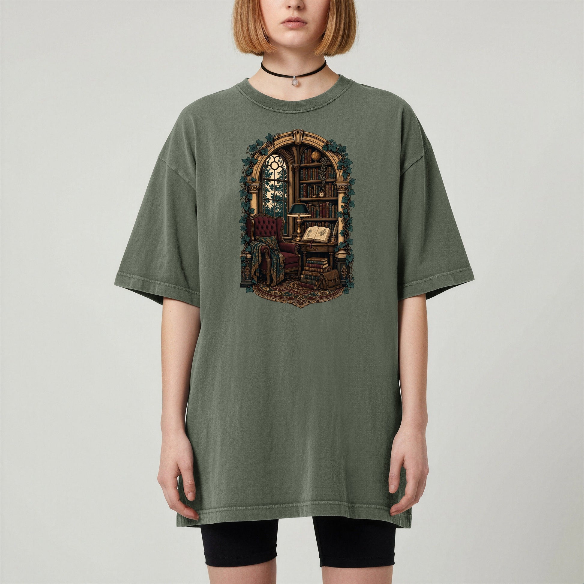 The Reading Room bookish tee in Moss, worn