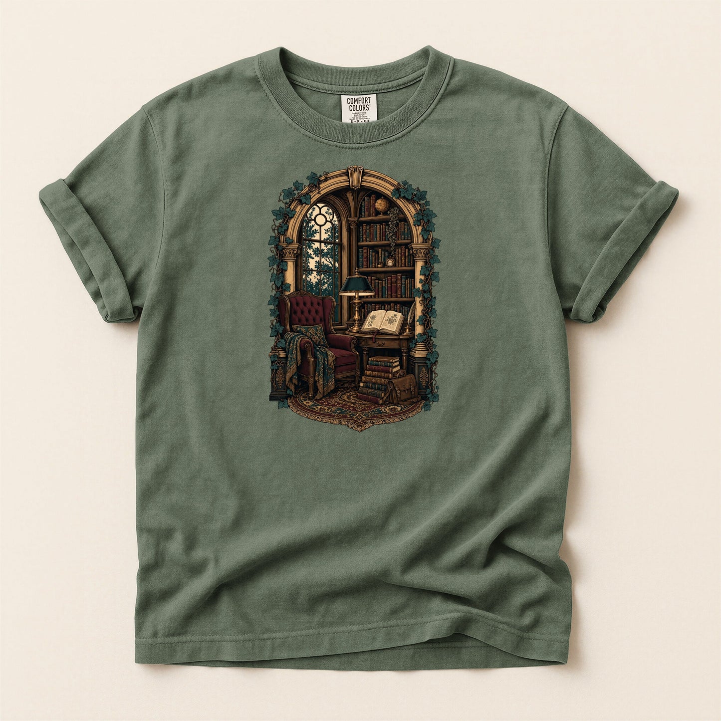 The Reading Room bookish tee in Moss, full flat