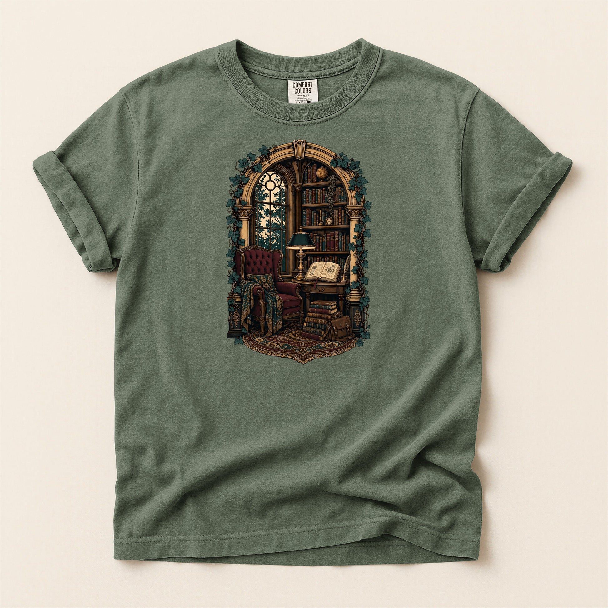 The Reading Room bookish tee in Moss, full flat