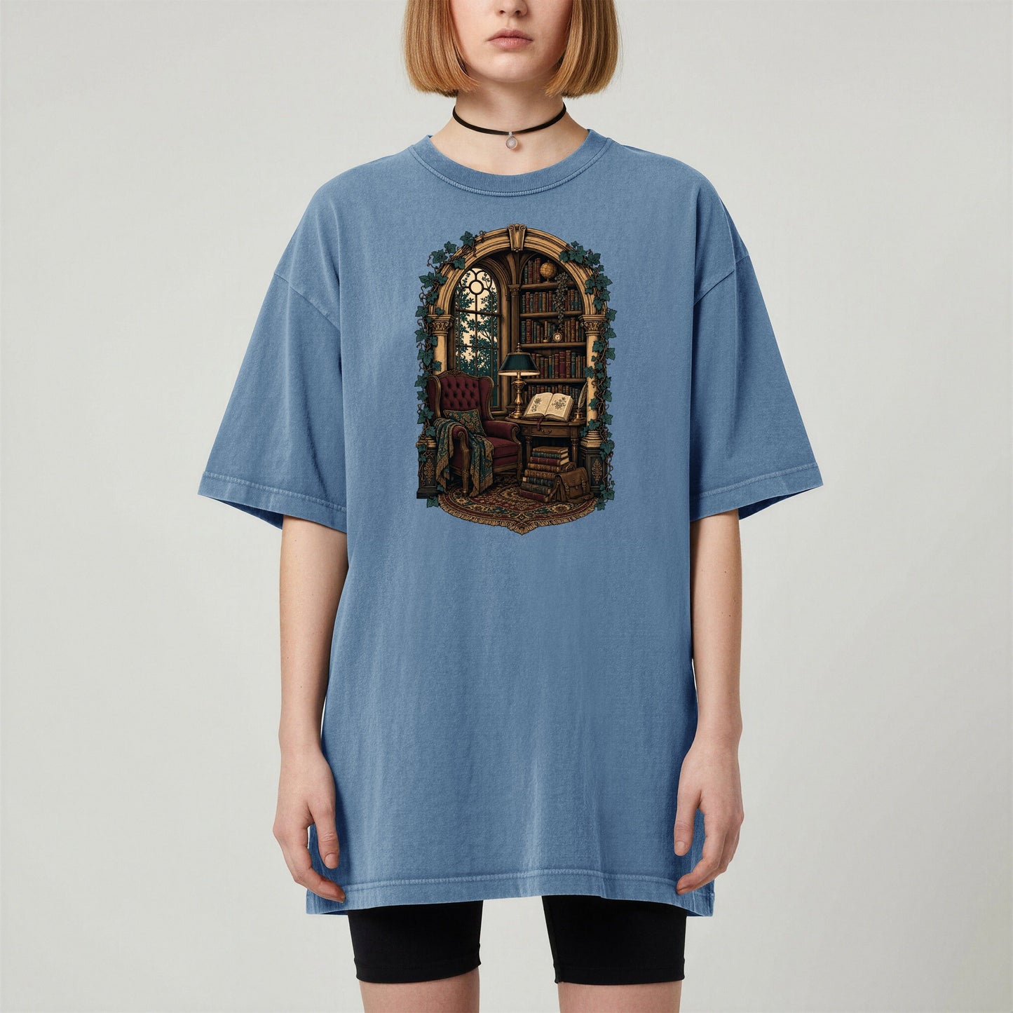 The Reading Room bookish tee in Blue Jean, worn