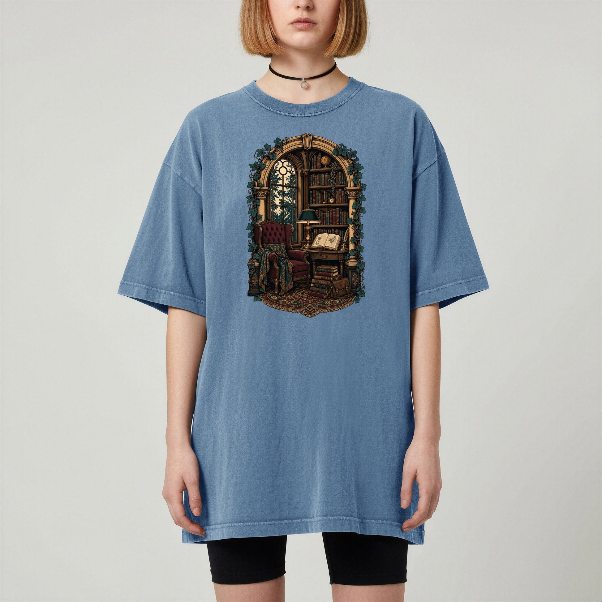 The Reading Room bookish tee in Blue Jean, worn