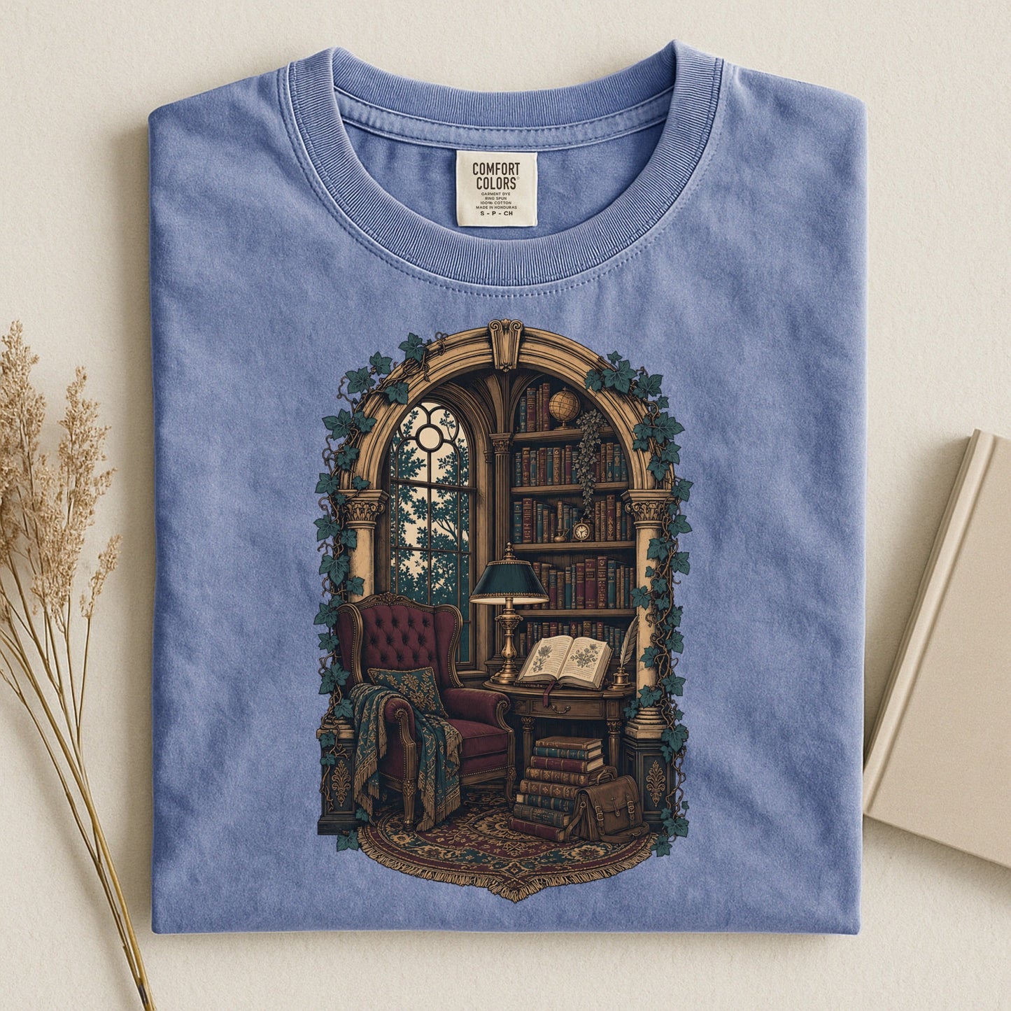 The Reading Room bookish tee in Blue Jean, flat lay