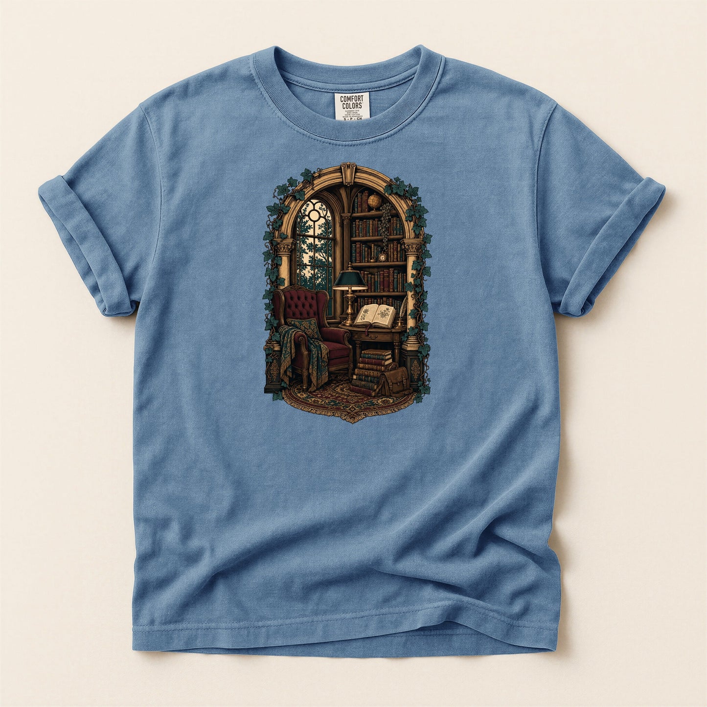 The Reading Room bookish tee in Blue Jean, full flat
