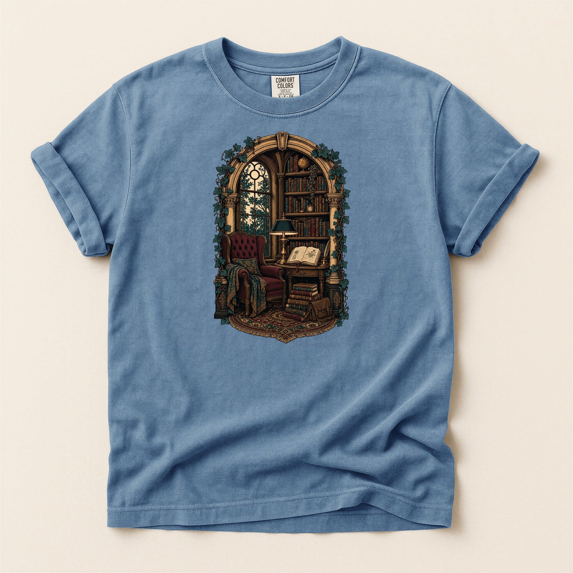 The Reading Room bookish tee in Blue Jean, full flat
