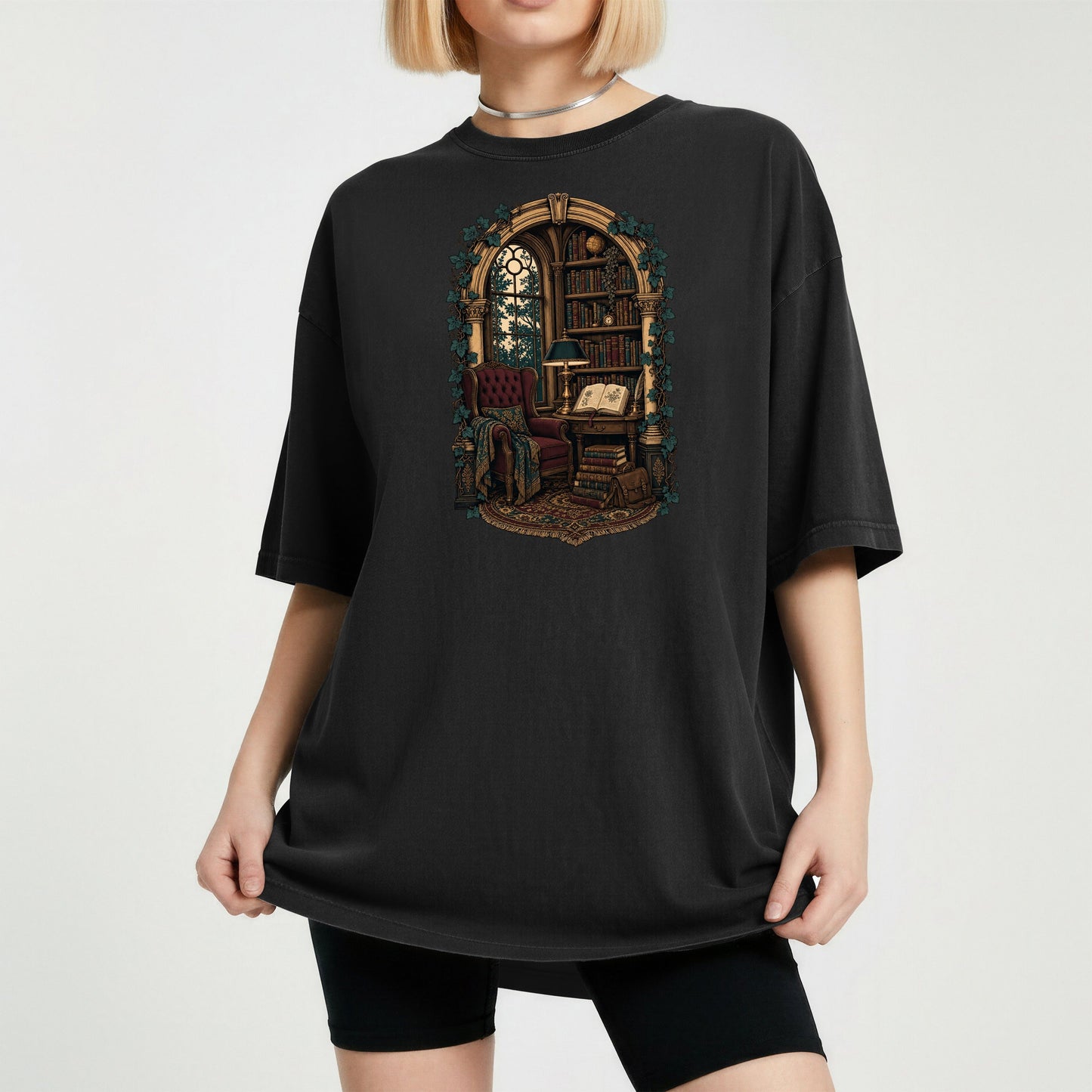 The Reading Room bookish tee in Black, worn
